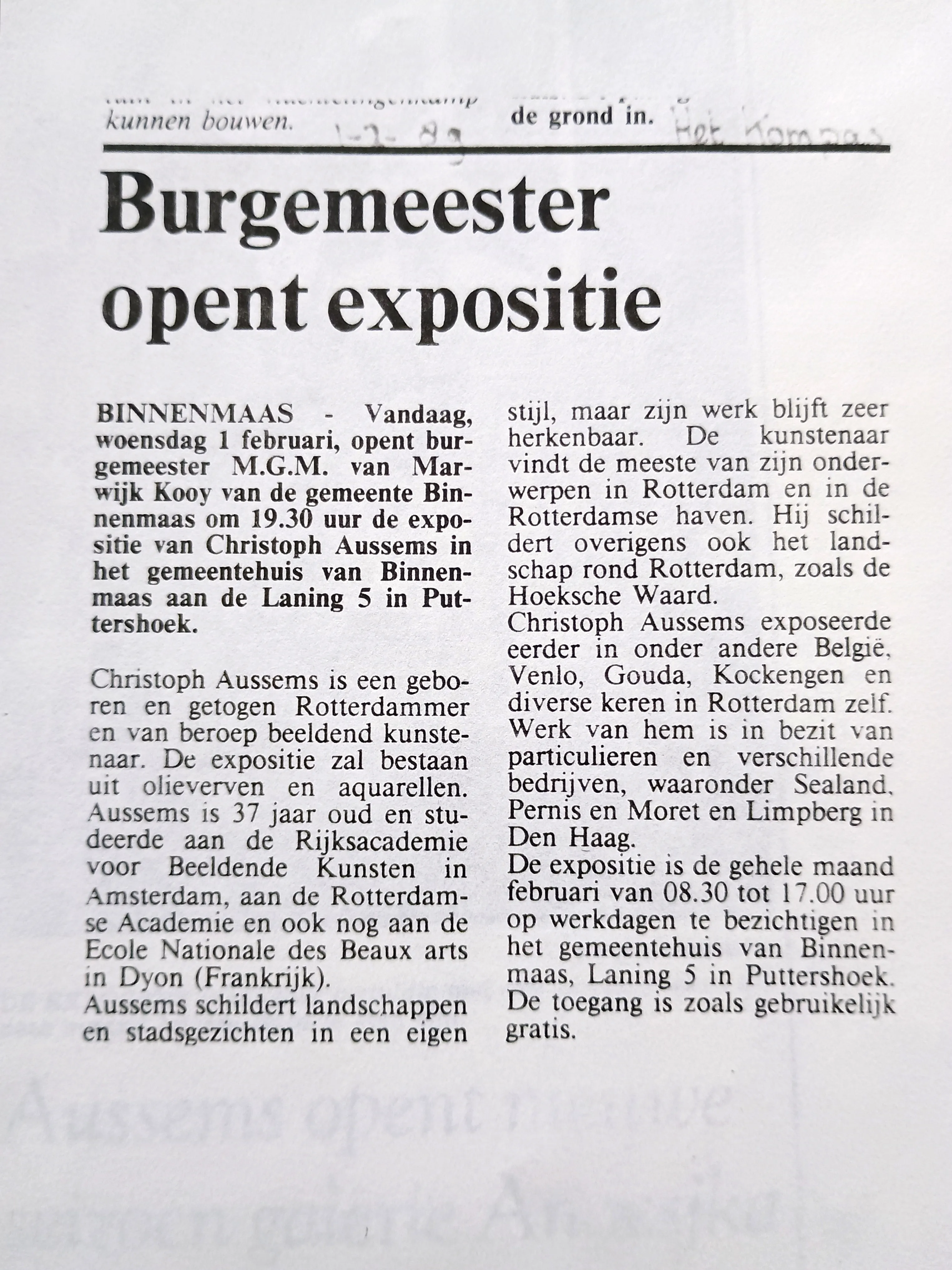 Newspaper article announcing the mayor of Binnenmaas opening an art exhibition by Christoph Aussems featuring oils and watercolors at the municipal building in Puttershoek.