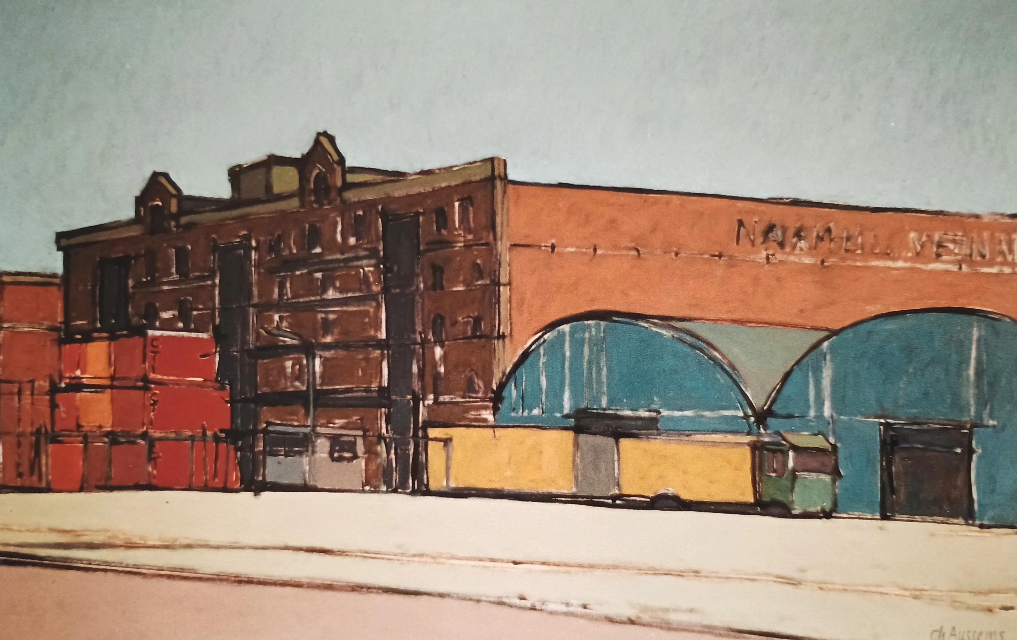 Painting of an industrial warehouse building with stacked shipping containers and a truck parked under a large orange structure.