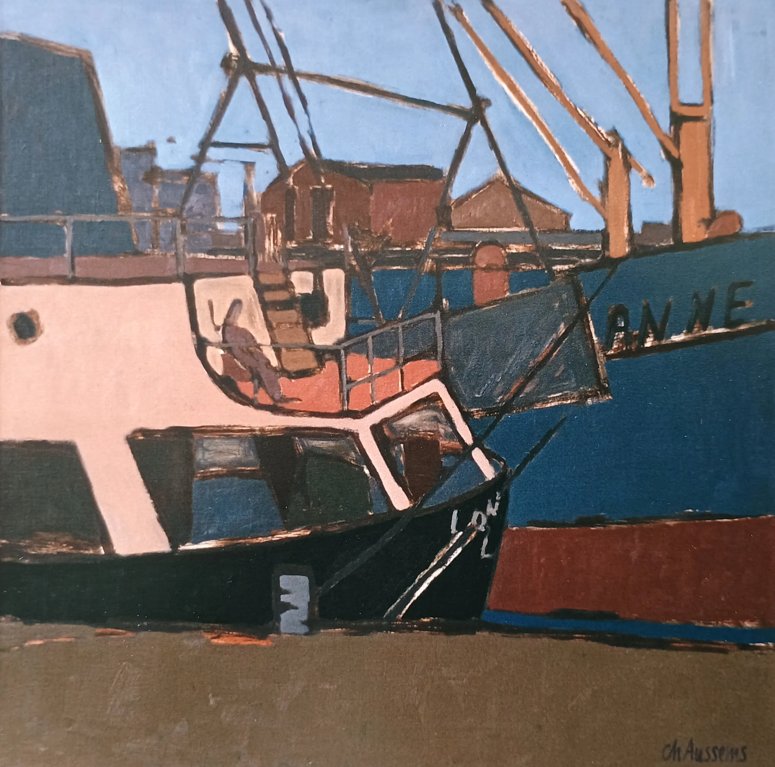 Painting of docked boats with visible names 'ANNE' and detailed rigging under a clear blue sky.