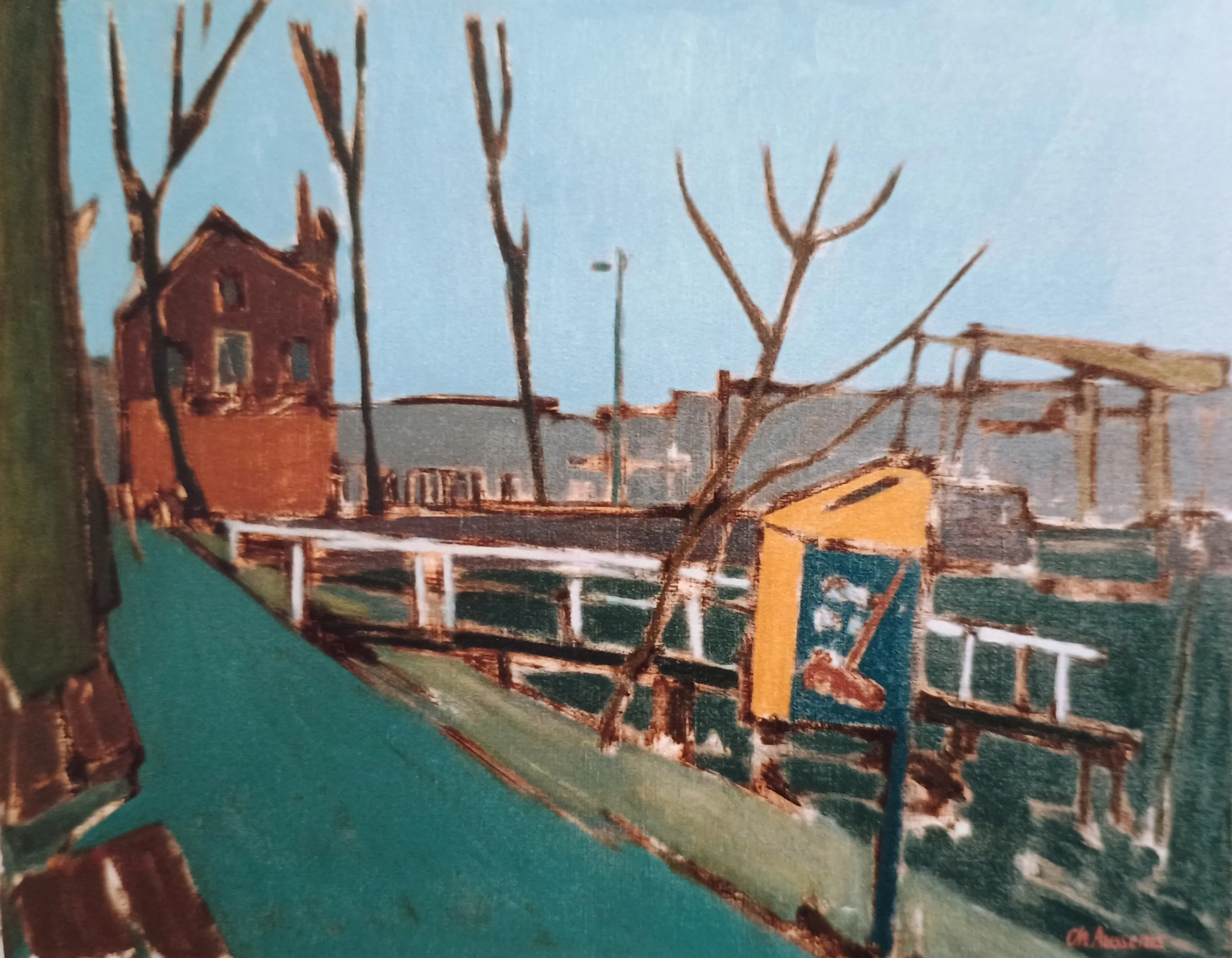 Painting of a waterfront scene with bare trees, a brown house, white railings, and a yellow-blue sign post under a clear blue sky.