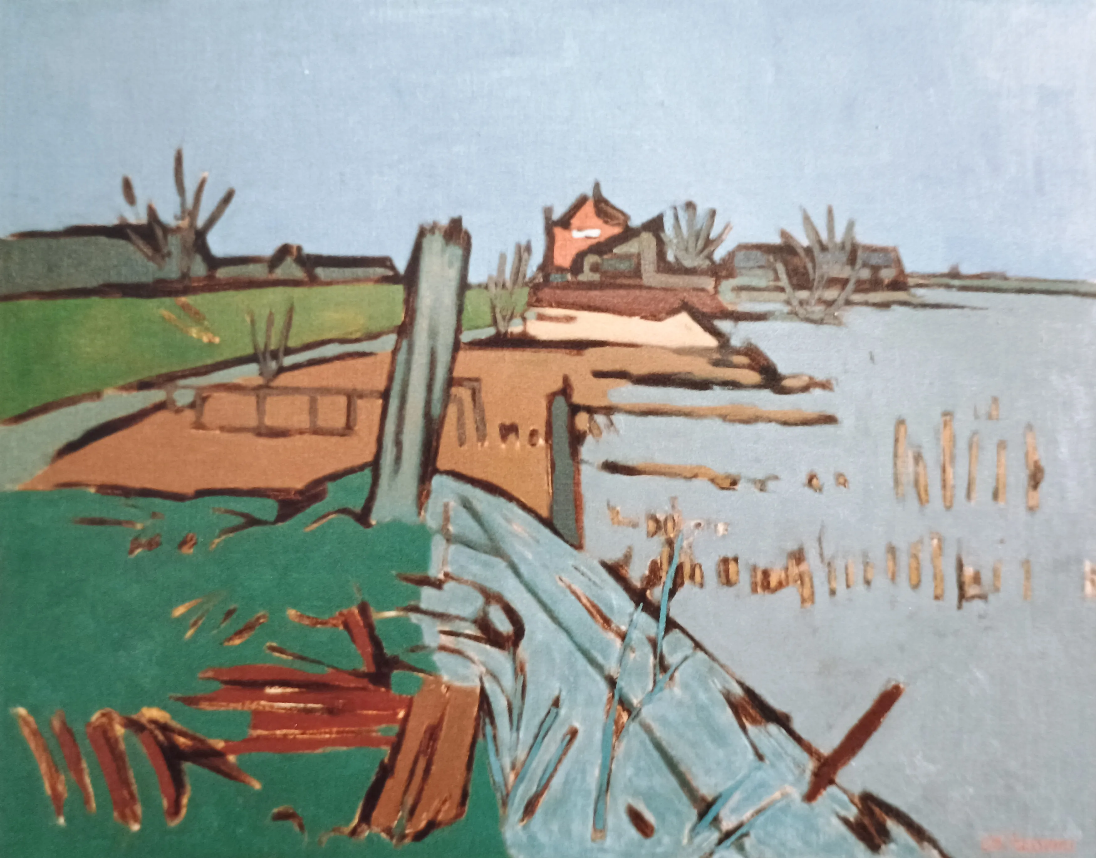 Abstract painting of a riverside landscape with green grass, brown shore, sparse trees, and a red-roofed house.