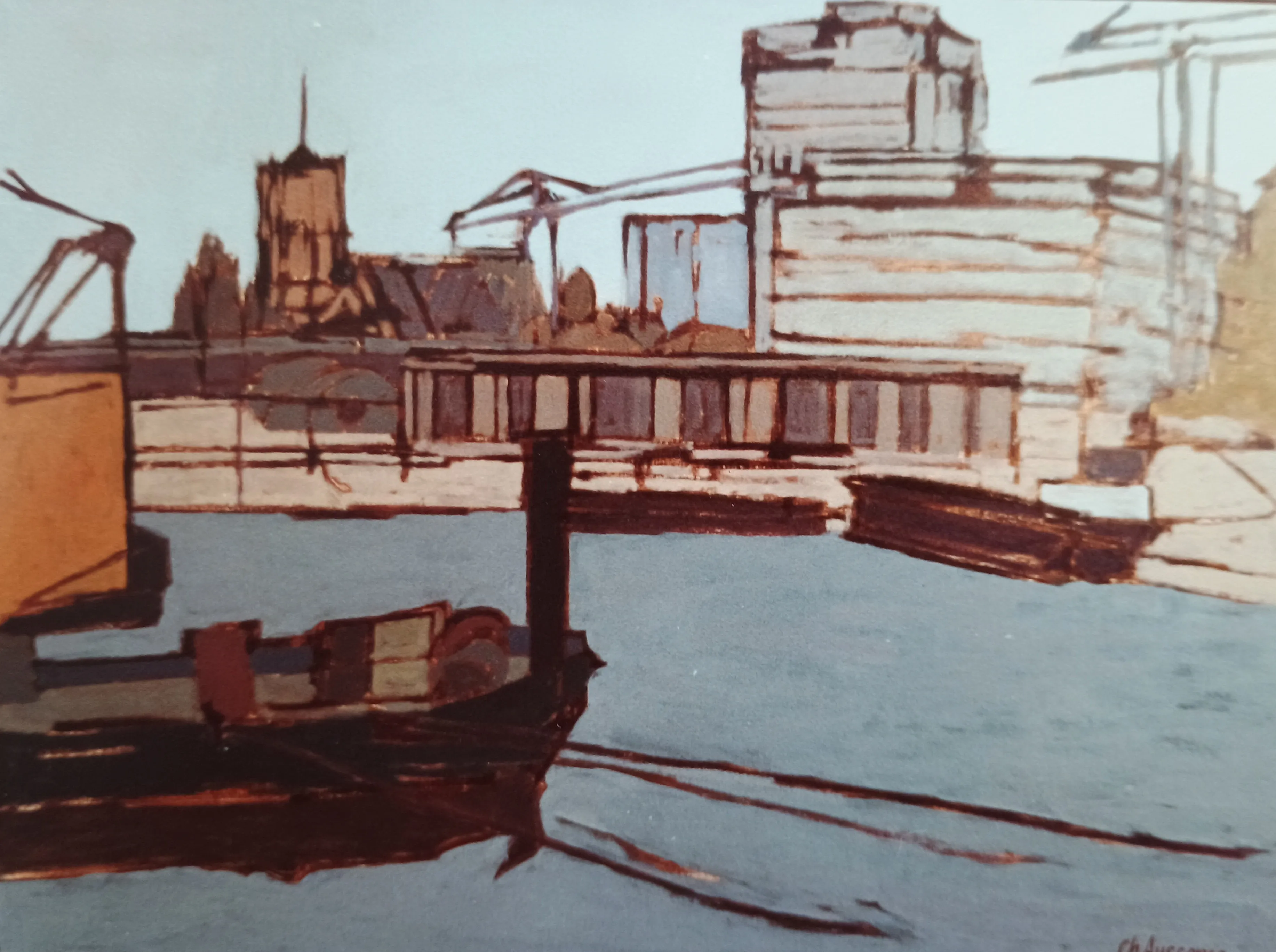 Stylized painting of a harbor scene with boats docked and buildings in the background under a clear sky.