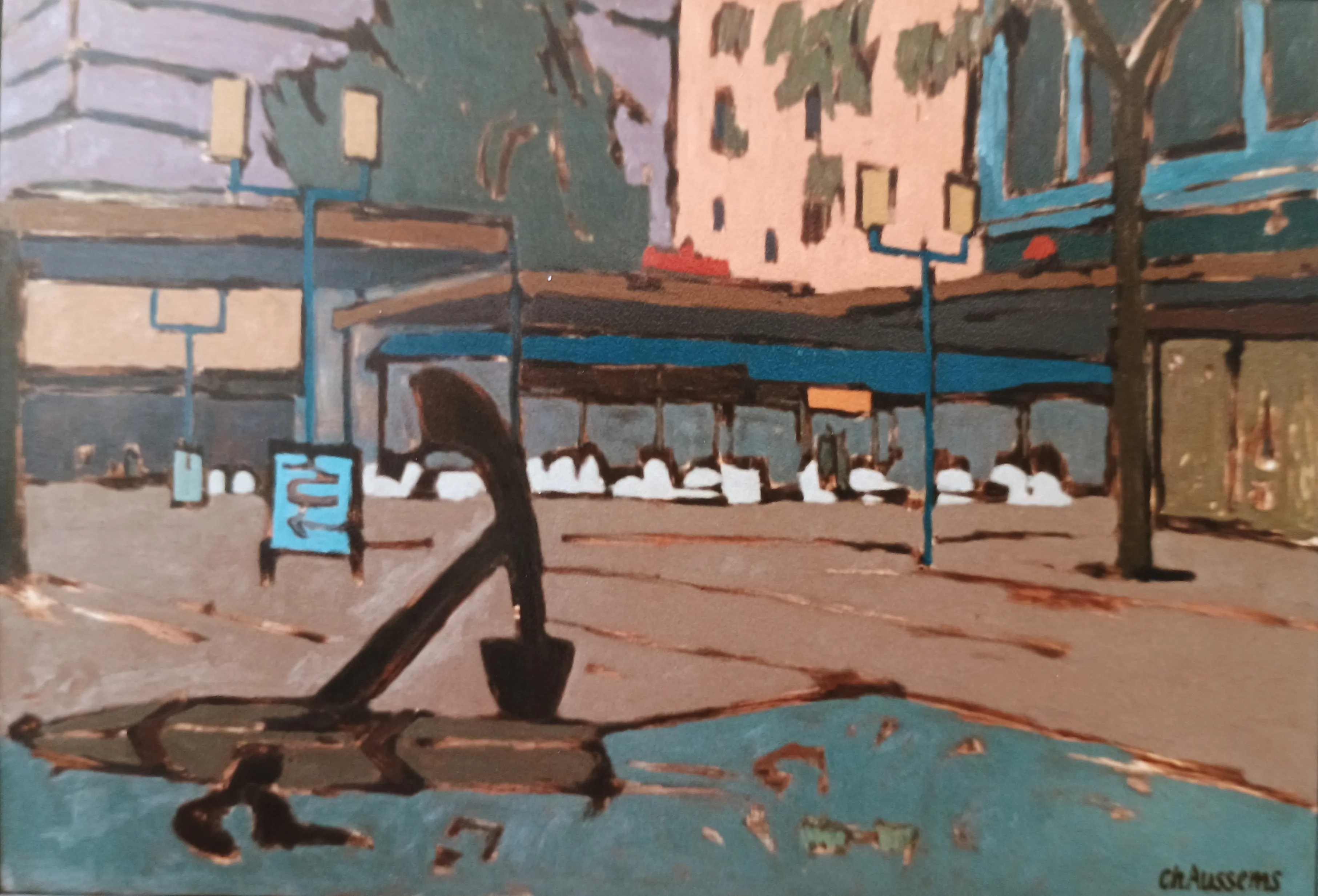 Painting of a city street scene featuring a large dark anchor sculpture in the foreground with buildings, trees, and street lamps in the background.