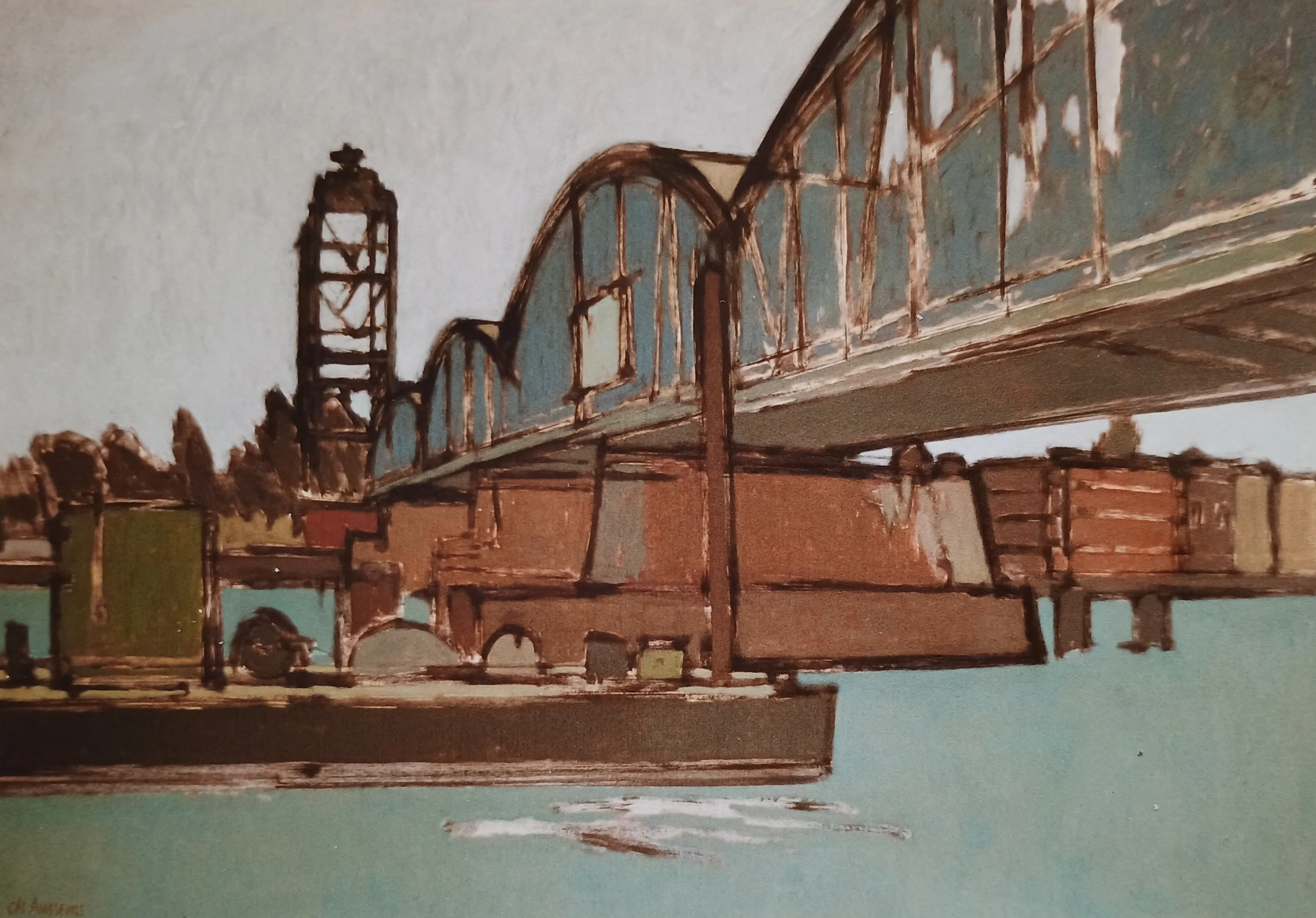 Painting of an old steel arch bridge over a calm body of water with industrial and natural elements in the background.