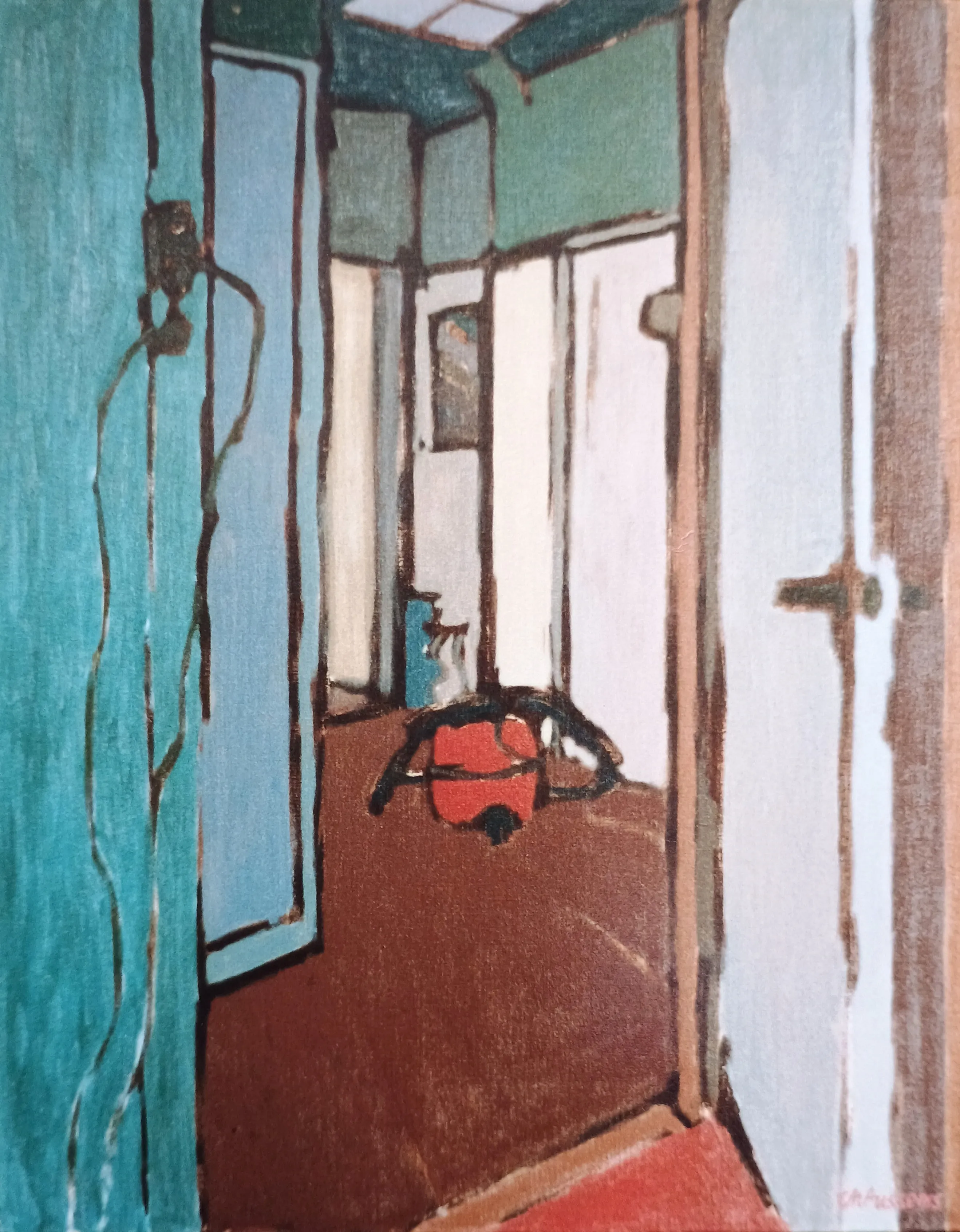 Painting of an interior hallway with teal walls, white doors, and a red vacuum cleaner on a brown floor.