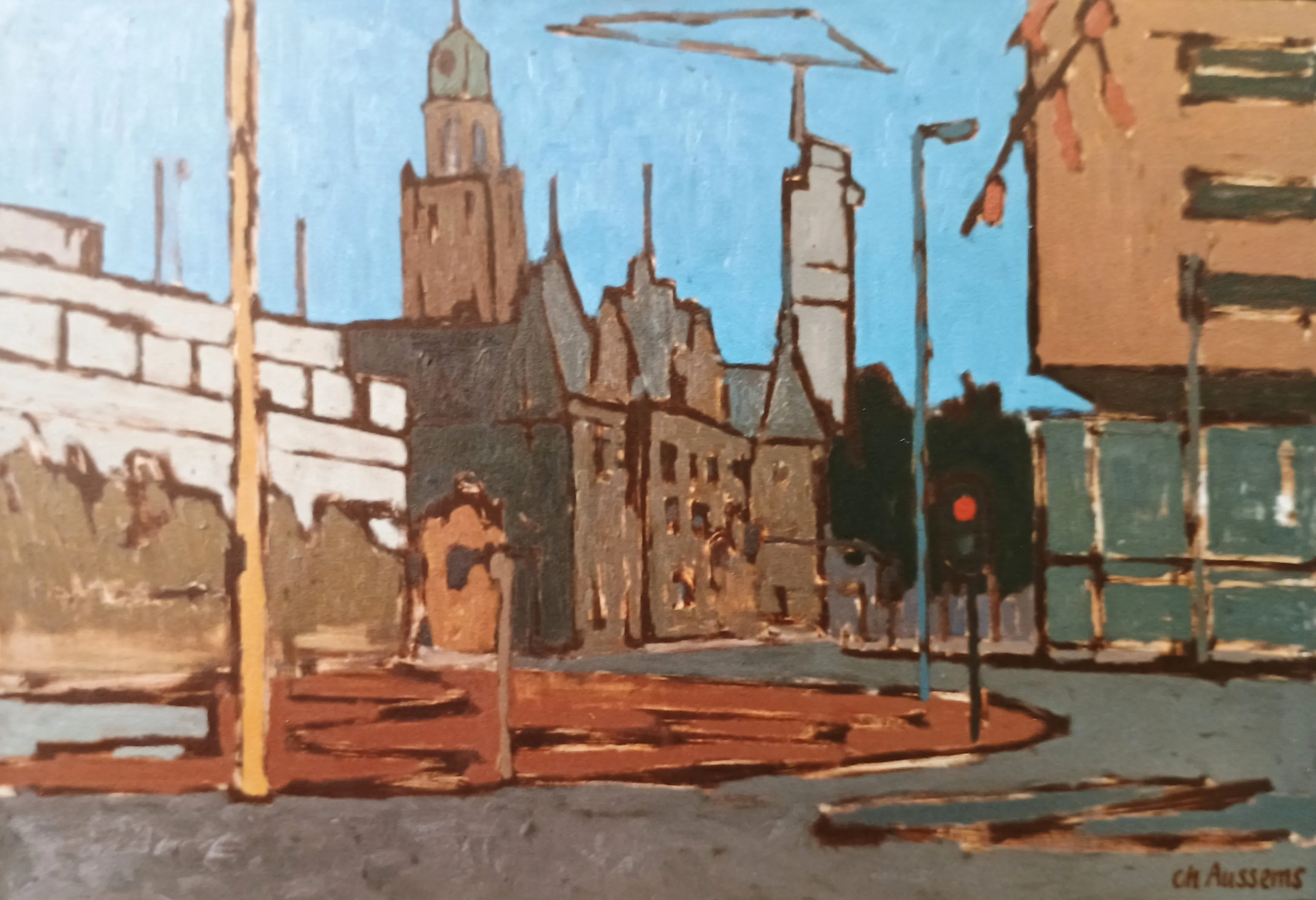 Painting of a street scene with historic buildings, a traffic light, and a clear blue sky.