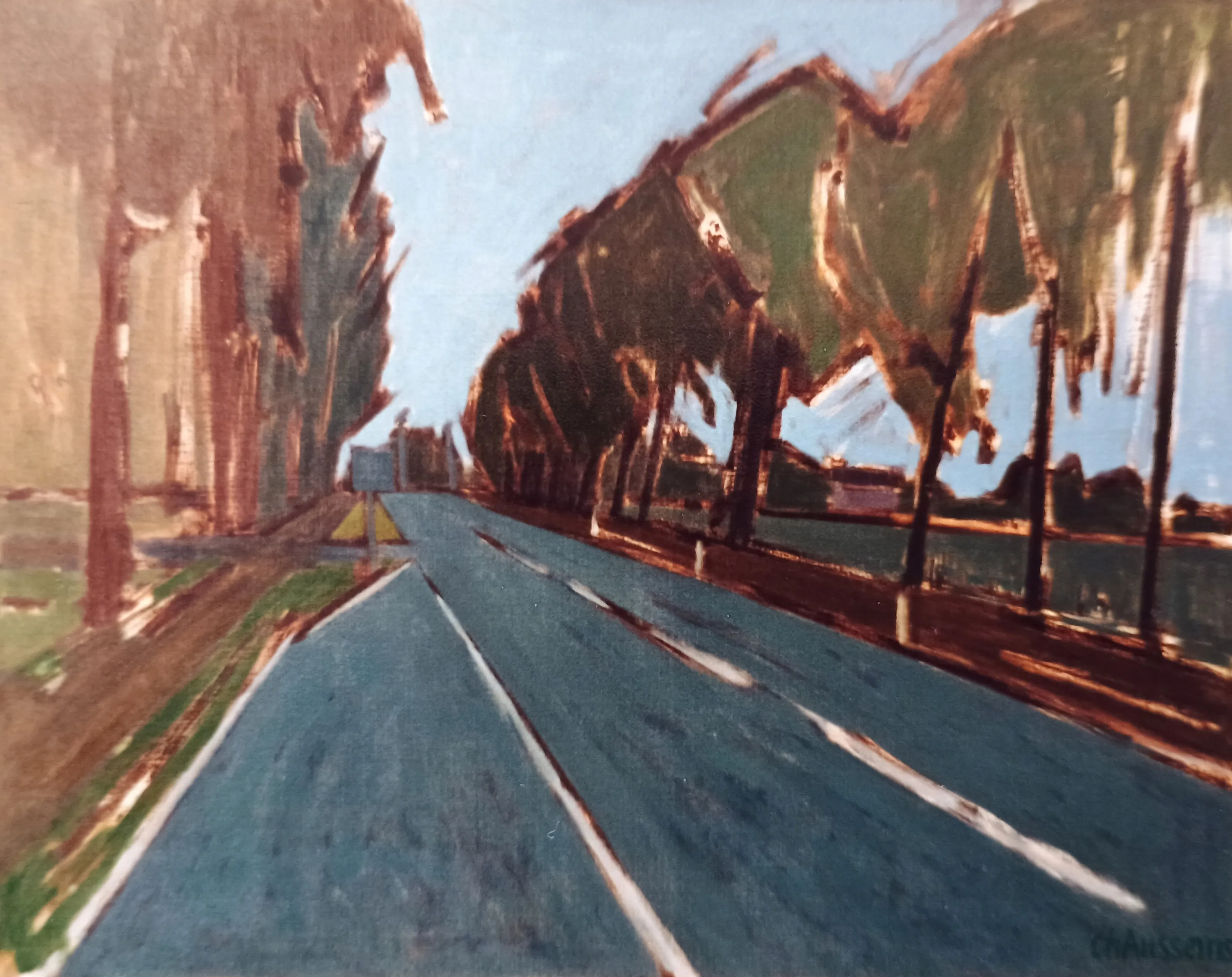 Painting of a road lined with tall trees on both sides under a clear blue sky.