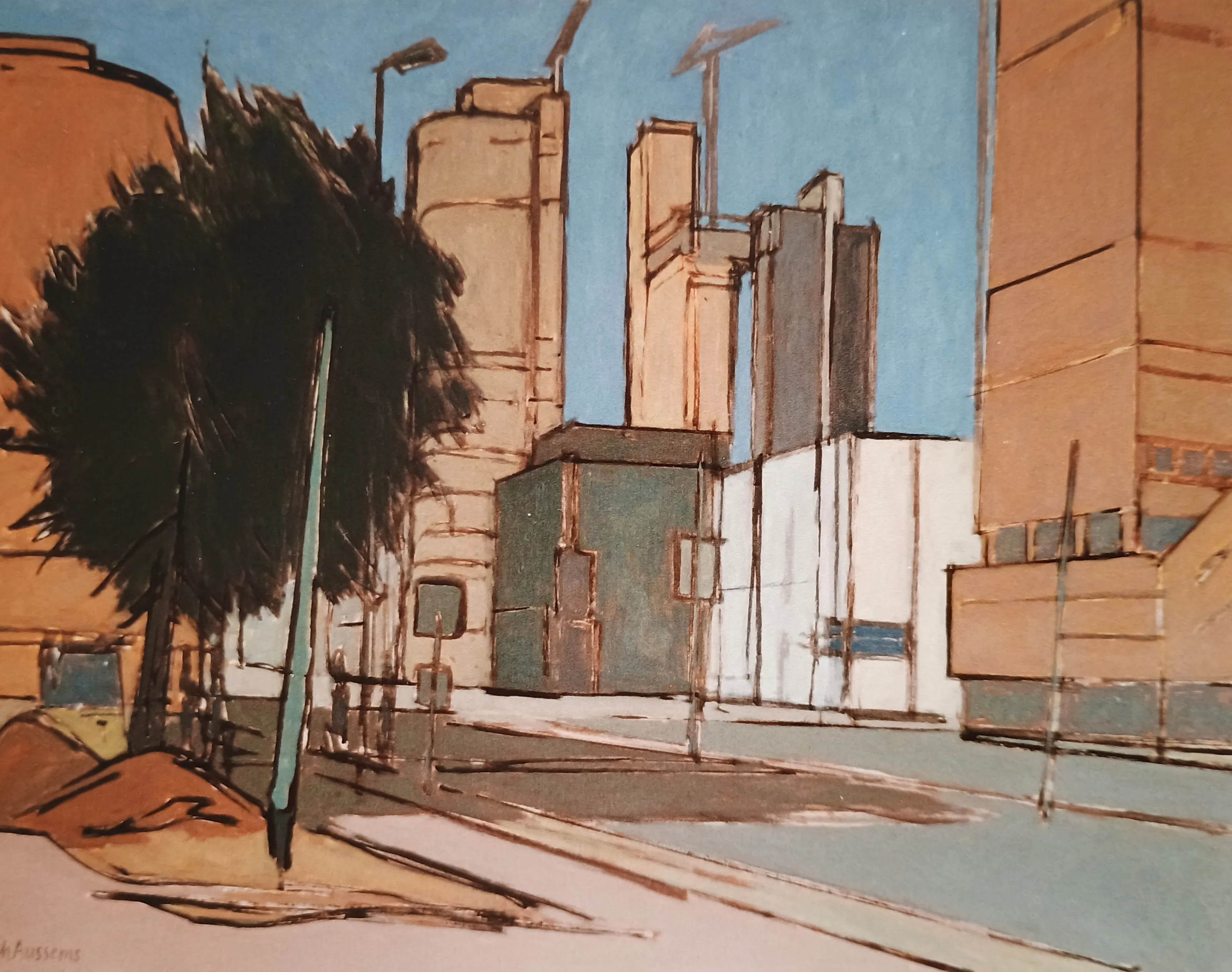 Painting of an urban street scene with tall buildings, cranes in the background, and a large tree on the left side.