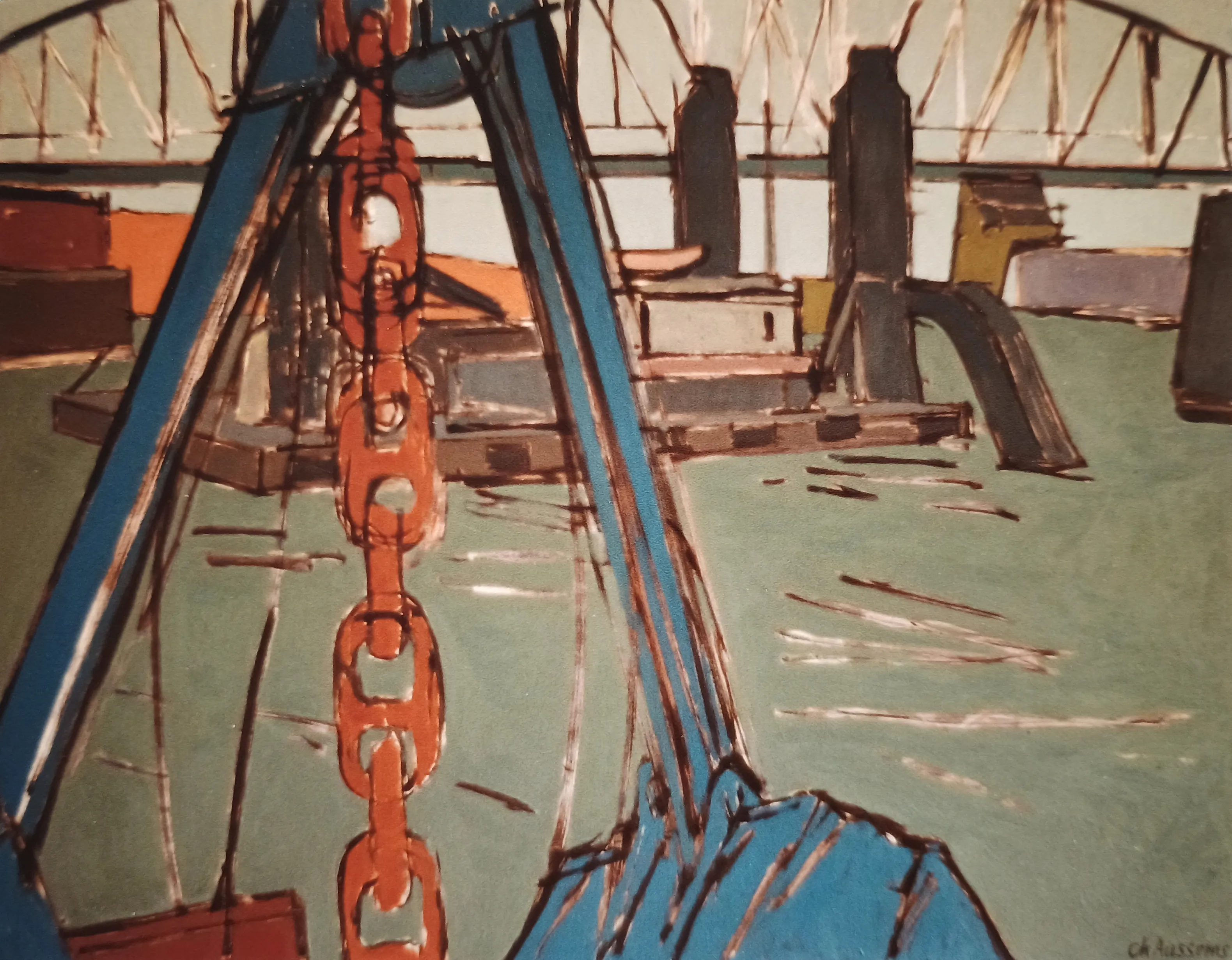 Abstract painting of a harbor crane with large chain links in orange and blue, set against a backdrop of docks and a bridge over green water.