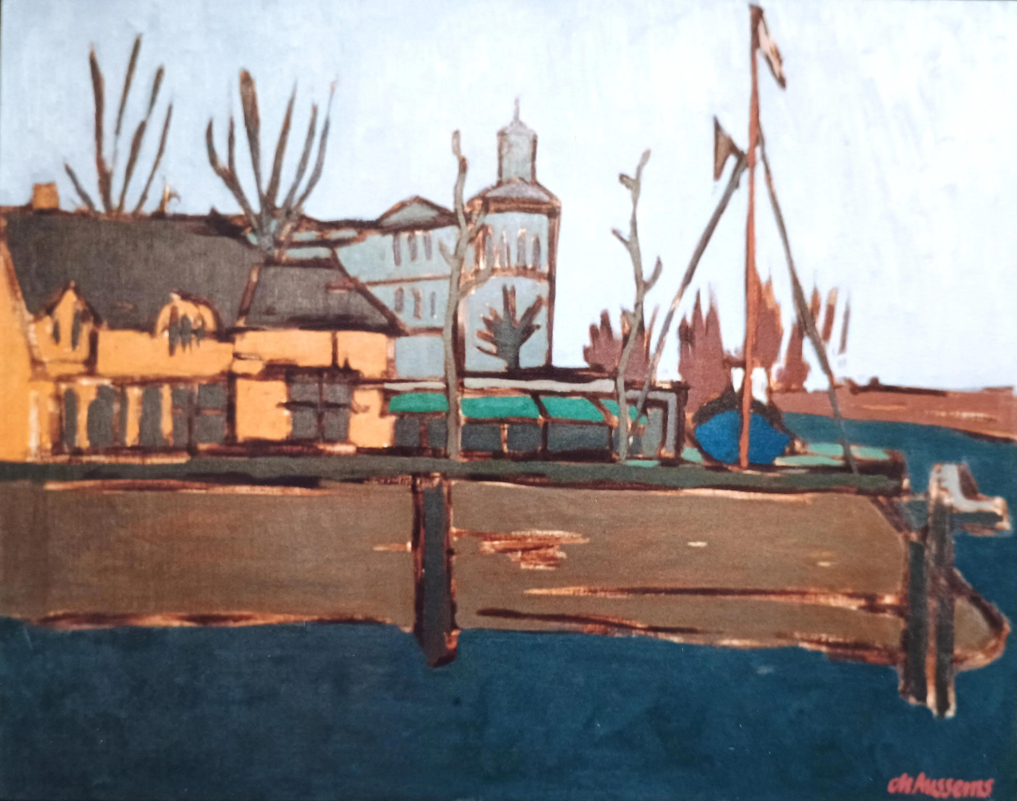 Painting of a harbor scene with dock, buildings, bare trees, and a sailboat with flags.