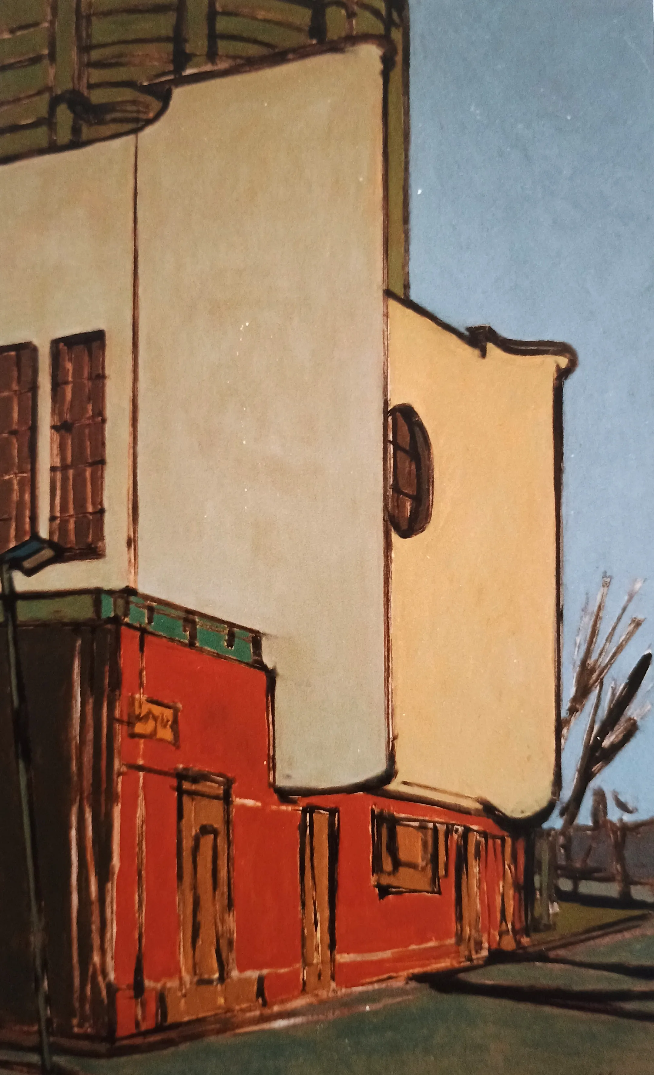 Painting of a building with a red lower floor and cream upper walls under a blue sky.