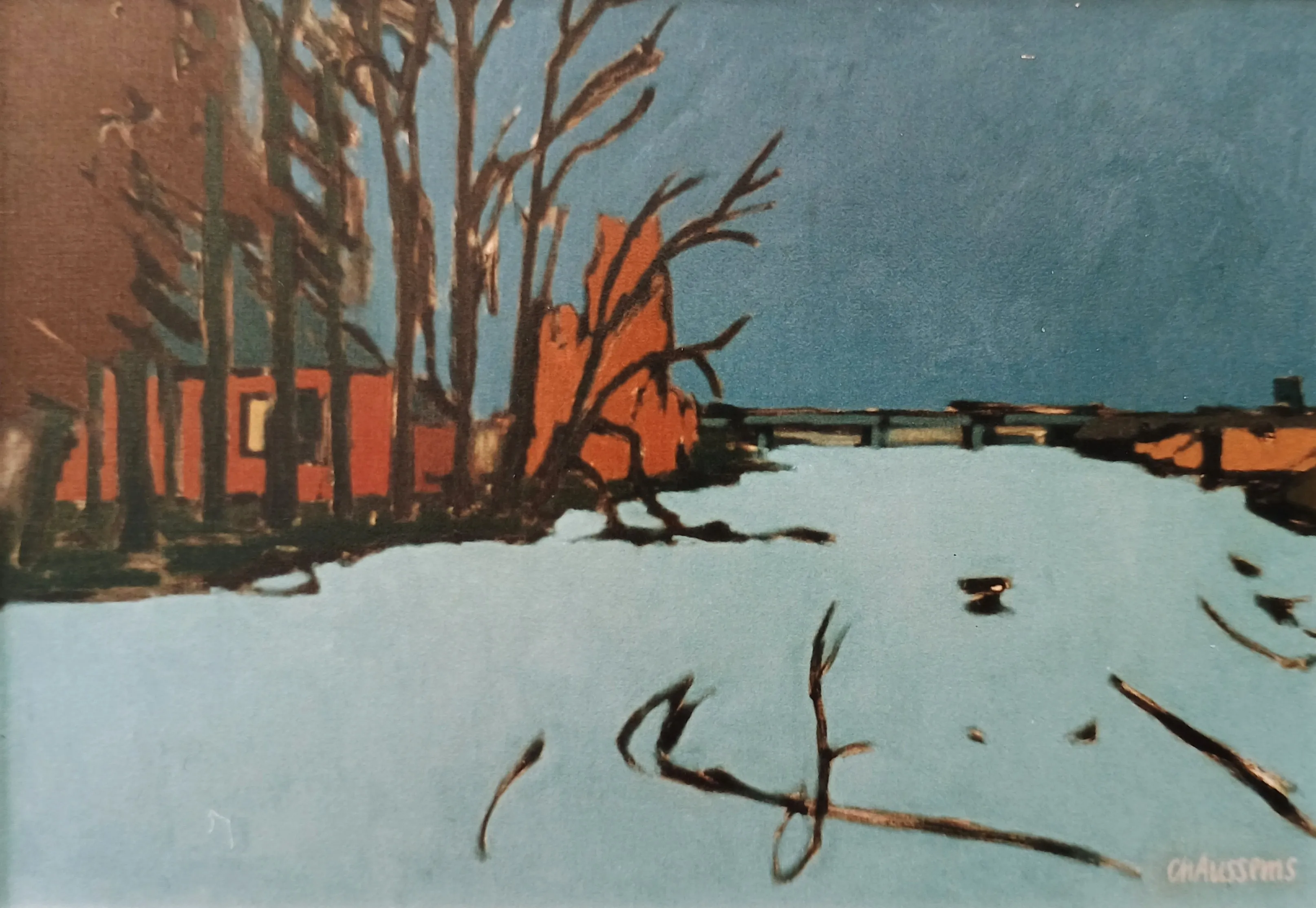 Painting of a river scene with bare trees on the left, orange buildings, and a bridge in the distance under a blue sky.