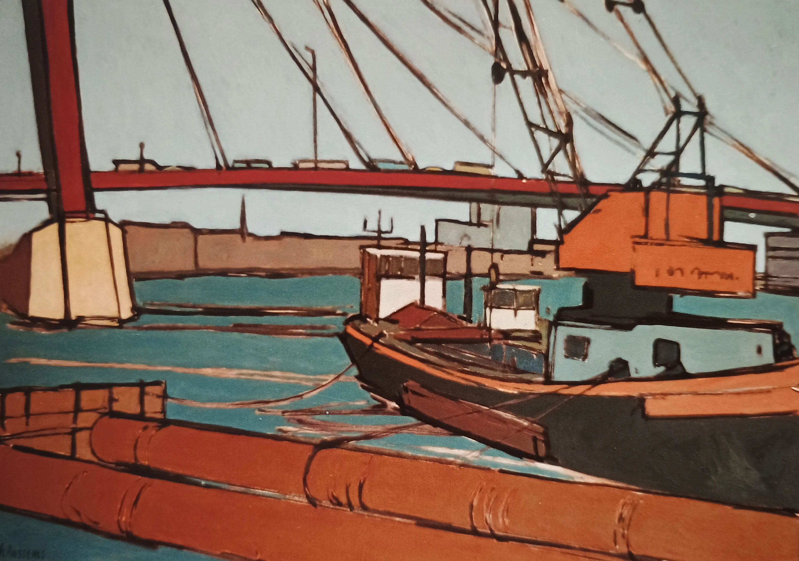 Painting of a harbor scene featuring a docked boat, pipes in the foreground, and a red bridge spanning the water.