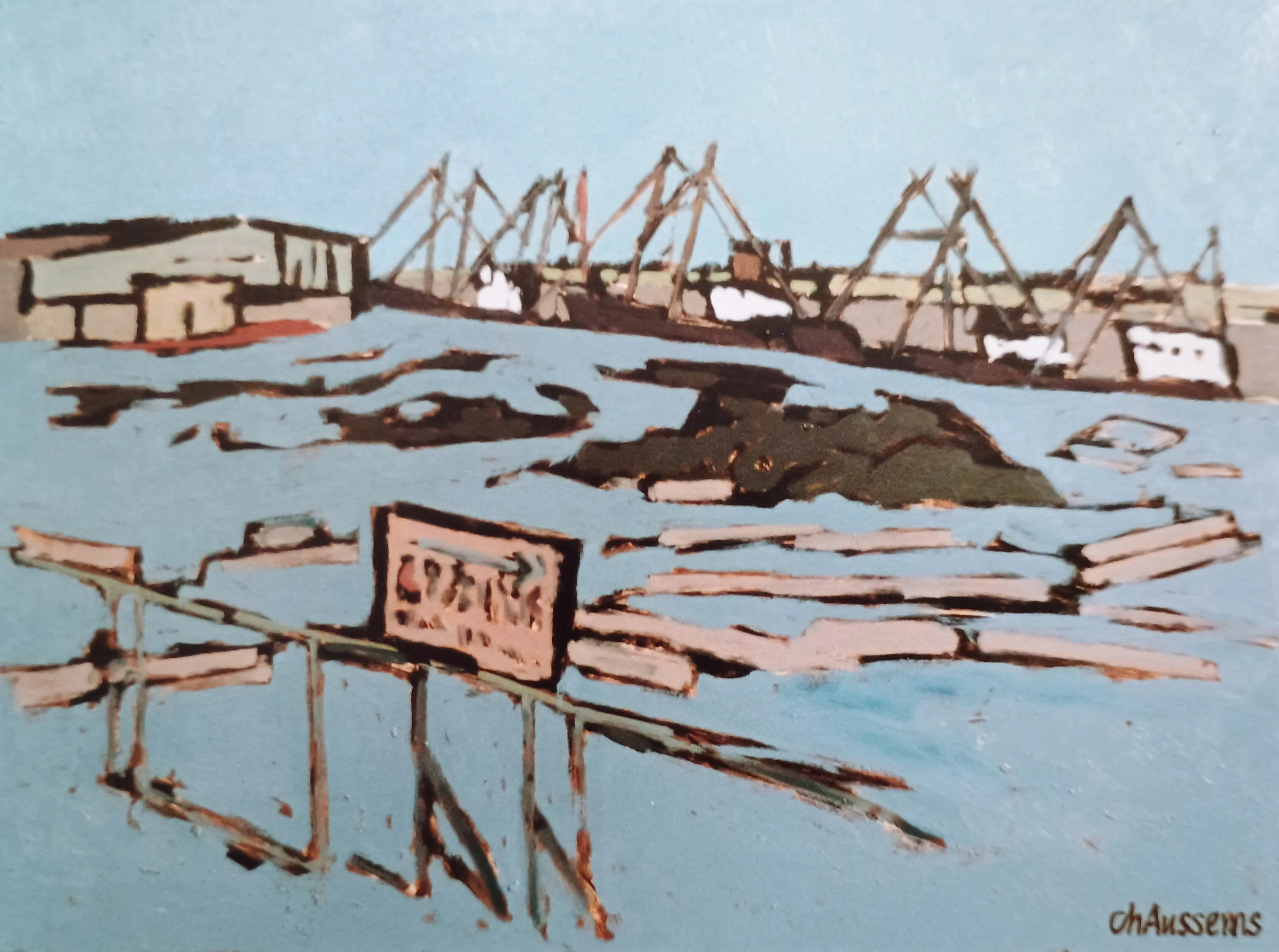 Abstract painting of a harbor scene with boats, wooden docks, and cranes against a blue sky.