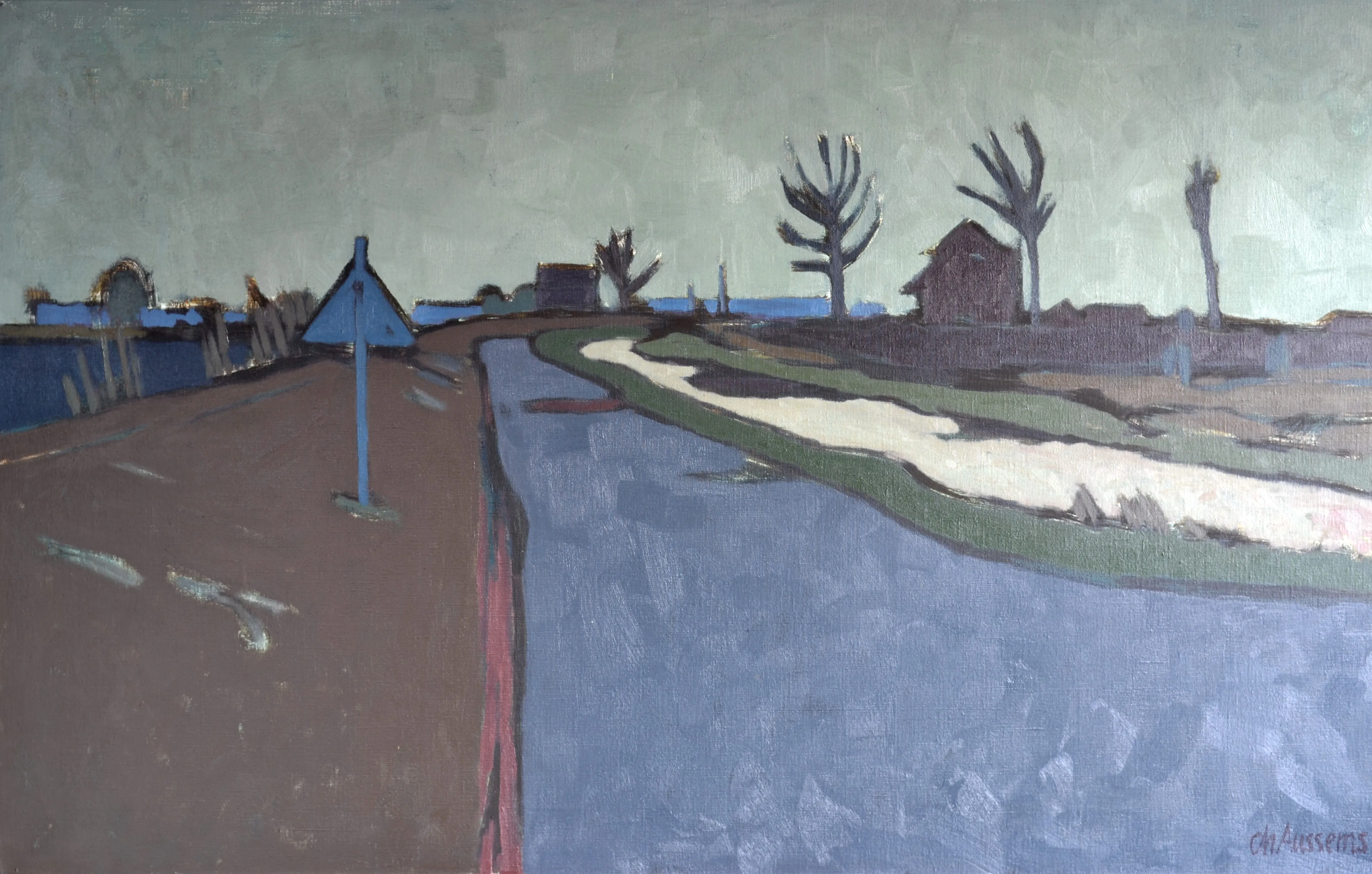 Painting of a calm river landscape with leafless trees, houses in the background, and a triangular sign on a brown pathway.
