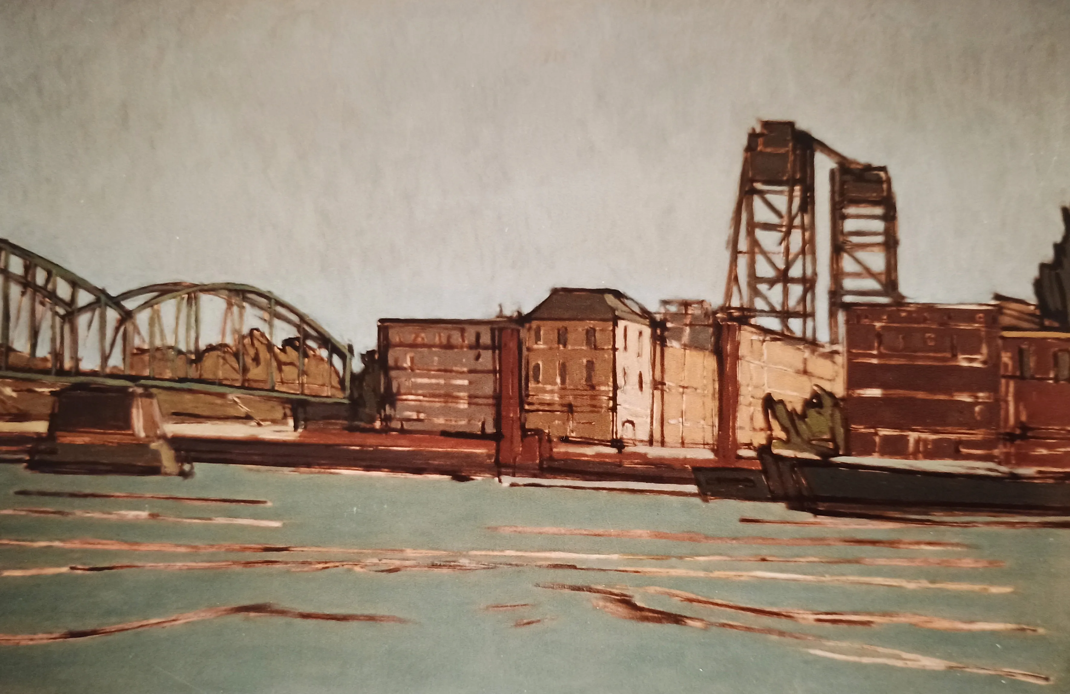 Painting of a riverside industrial area with buildings, a steel bridge, and calm water in the foreground.