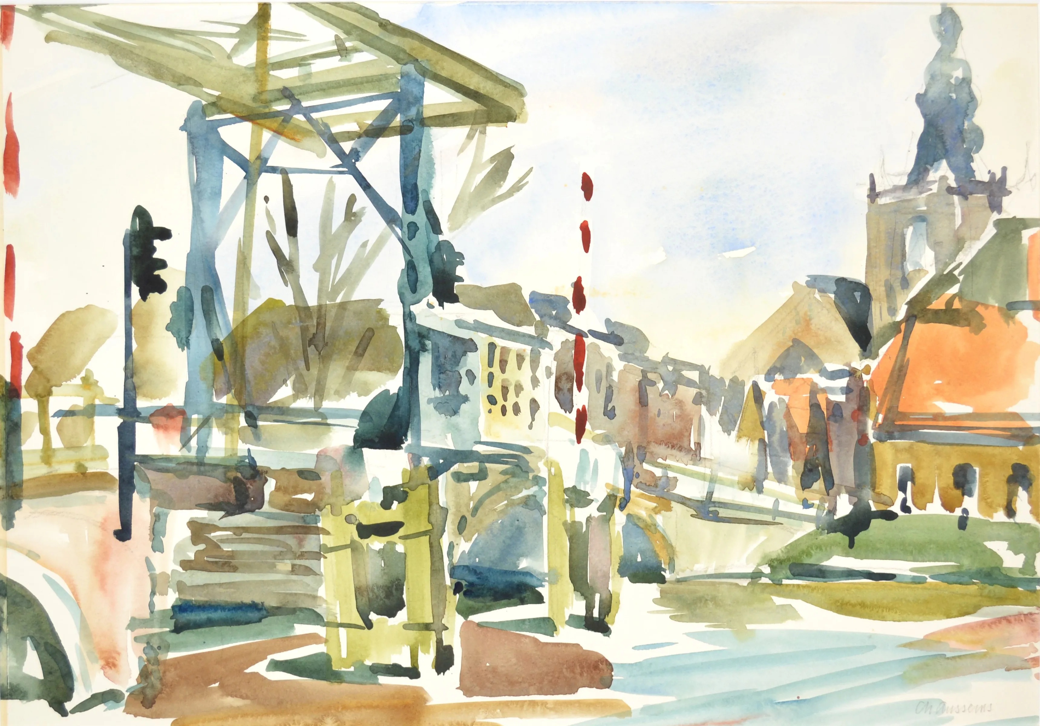 Watercolor painting of a drawbridge over a canal with buildings and trees in the background under a light blue sky.