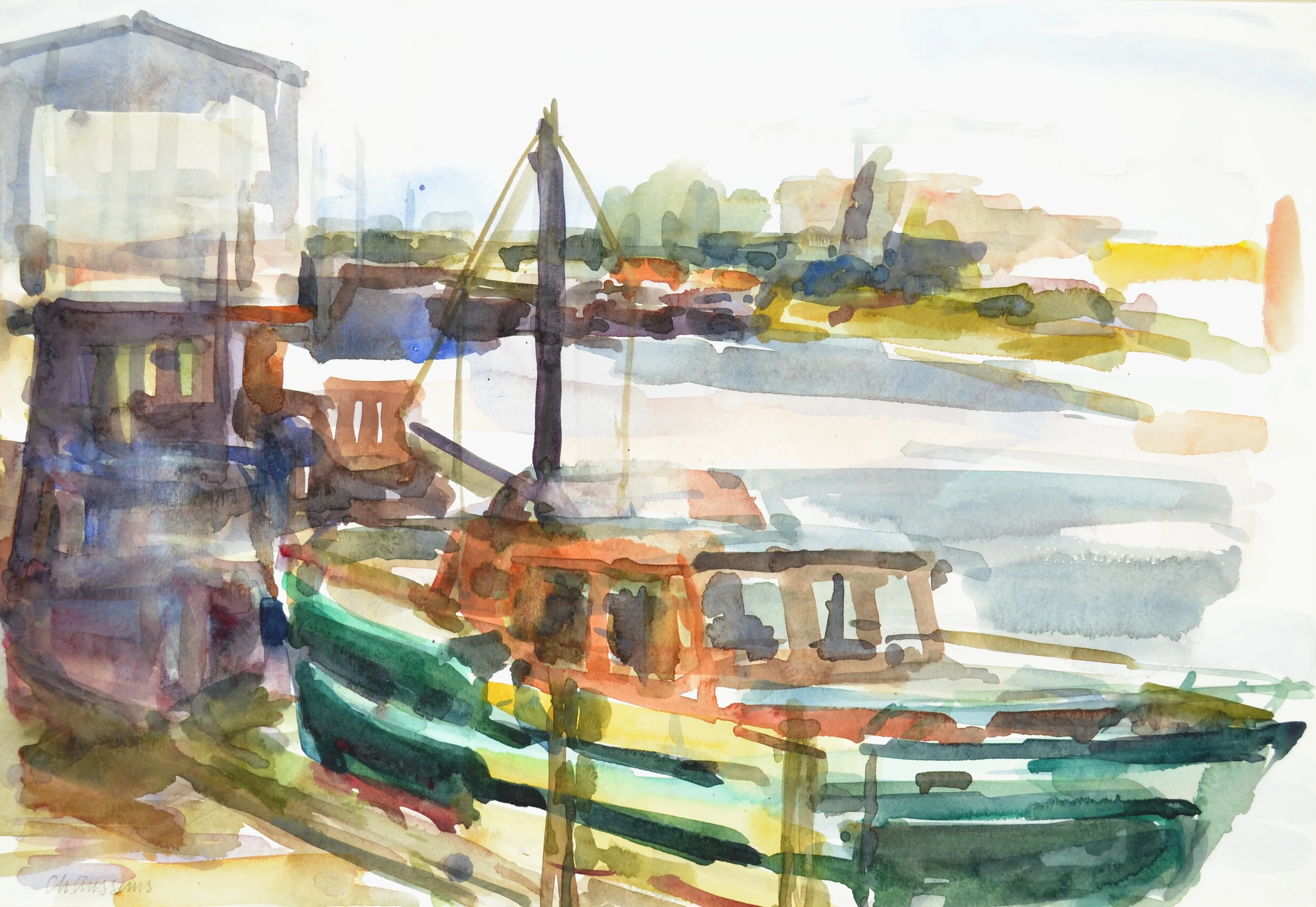 Watercolor painting of a green and brown boat docked near a wooden pier with blurred landscape in the background.