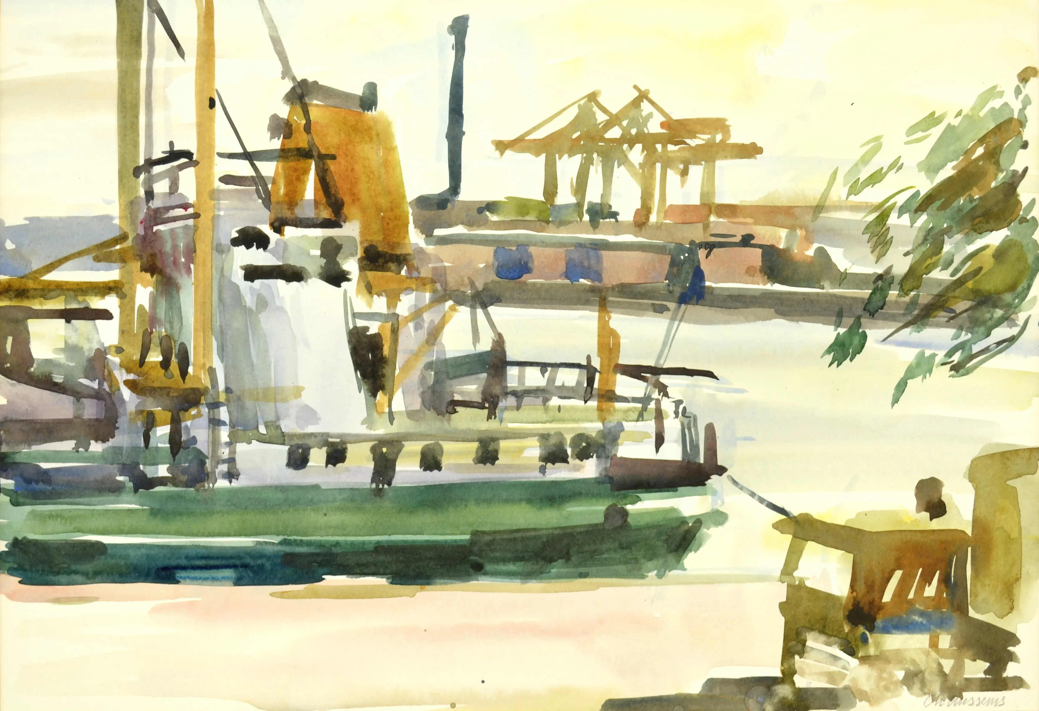 Watercolor painting of a harbor with docked ships and cranes in the background, and a person sitting on a bench to the right.