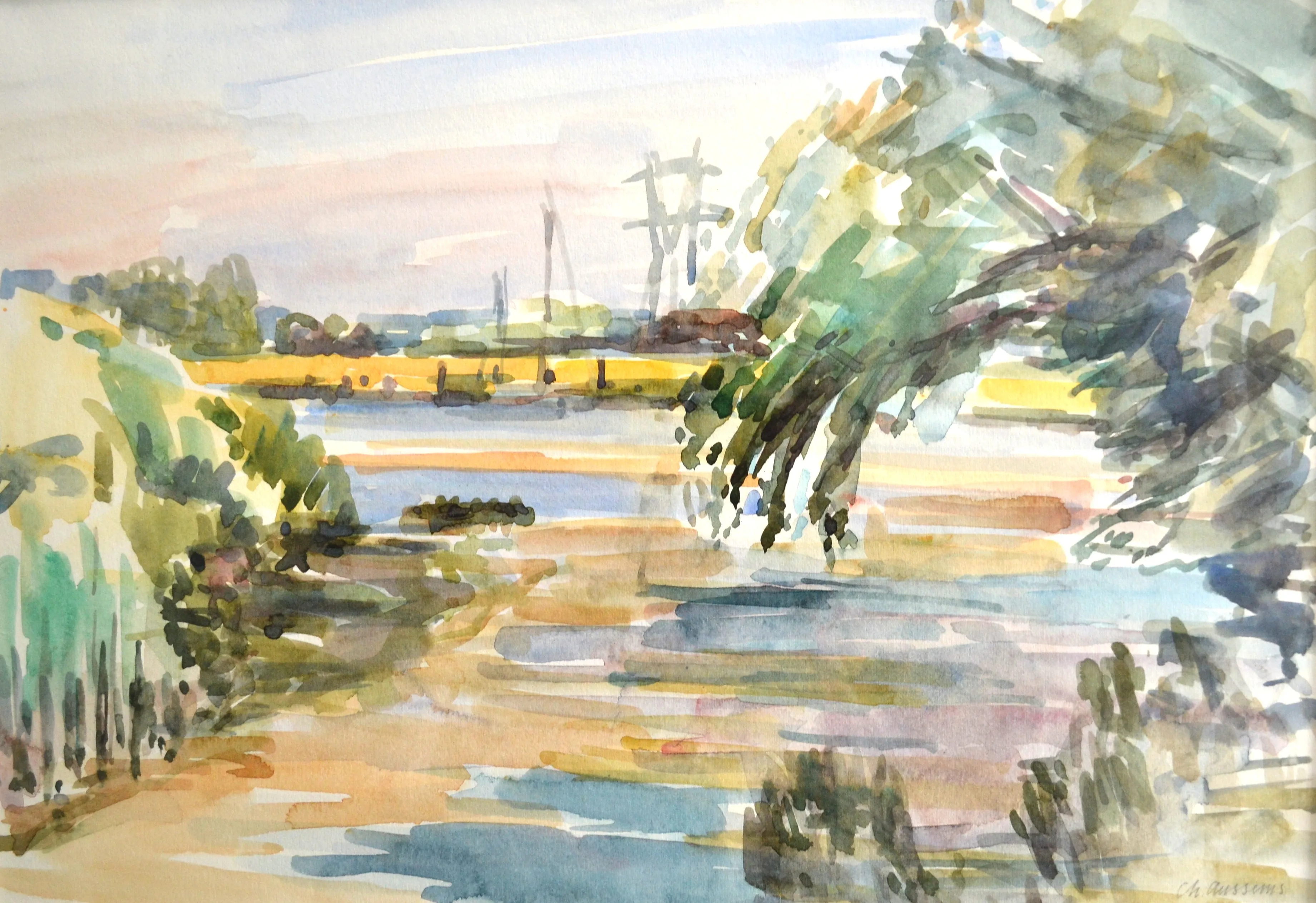Watercolor painting of a riverside scene with overhanging trees, reflections on water, and distant fields under a pale sky.