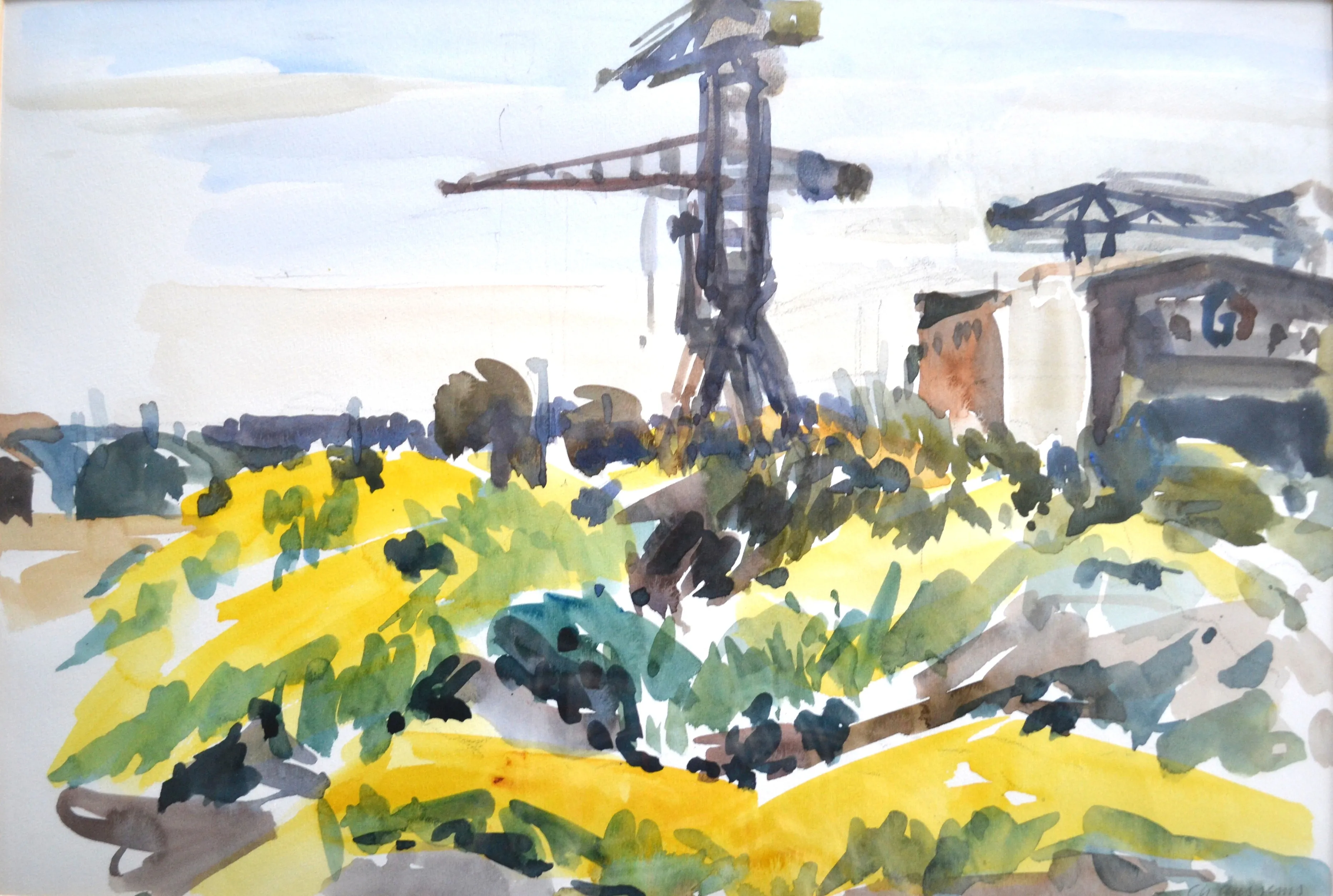 Impressionist painting of a shipyard with boats on water and industrial buildings under a partly cloudy sky.