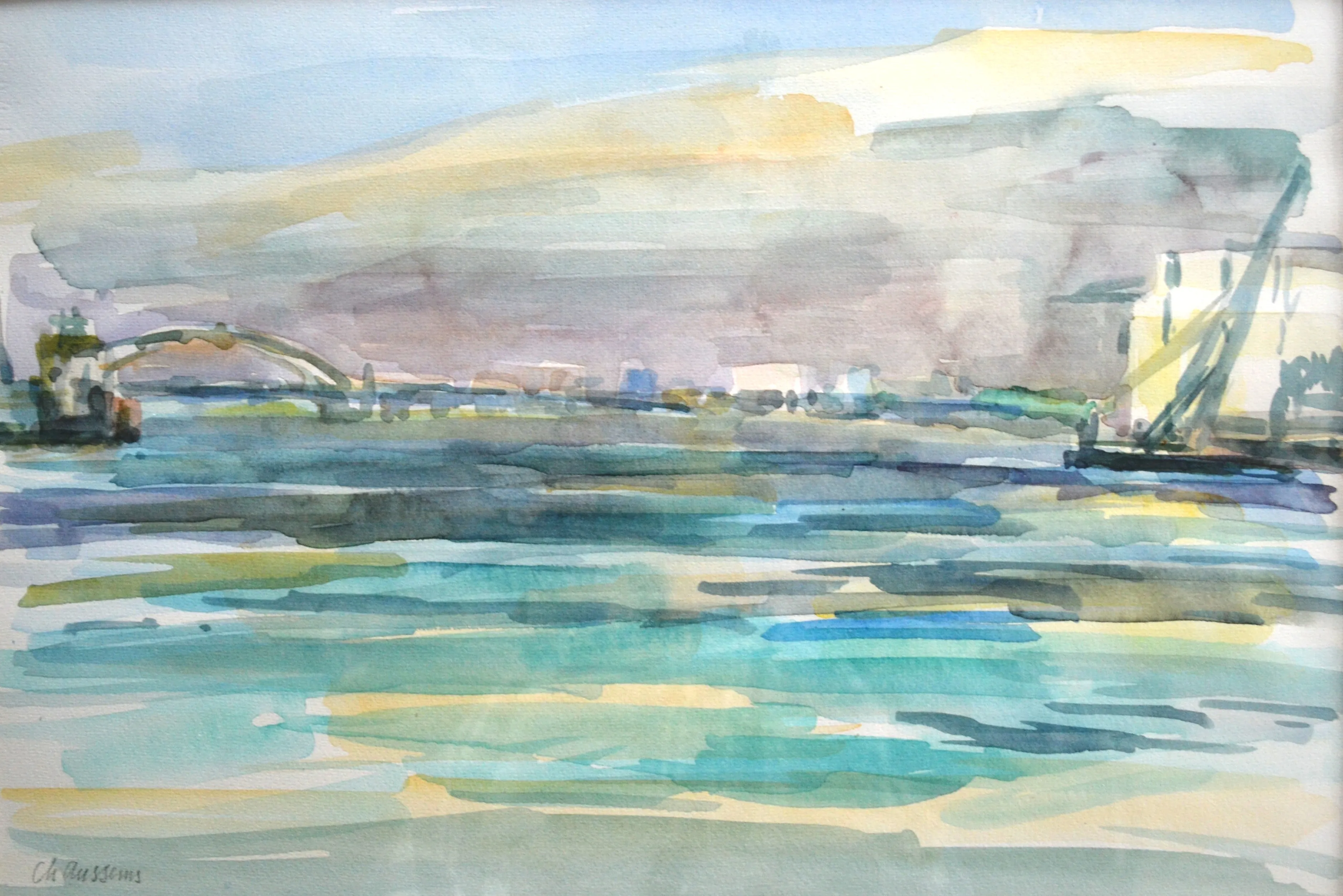Watercolor painting of a river with a distant arched bridge and buildings under a cloudy sky.
