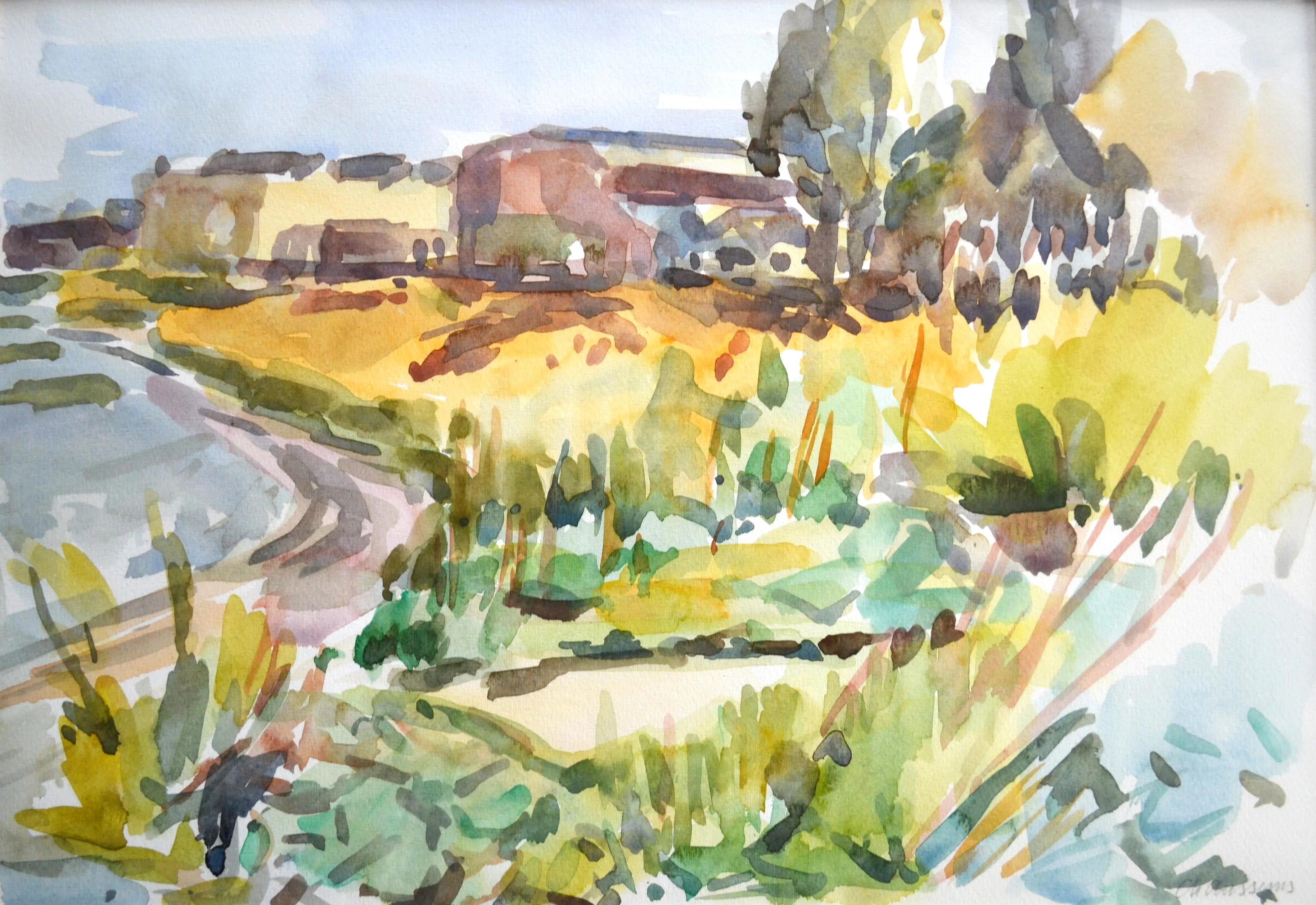 Watercolor painting of a coastal landscape featuring a sandy shore, green foliage, and buildings in the distance under a light sky.