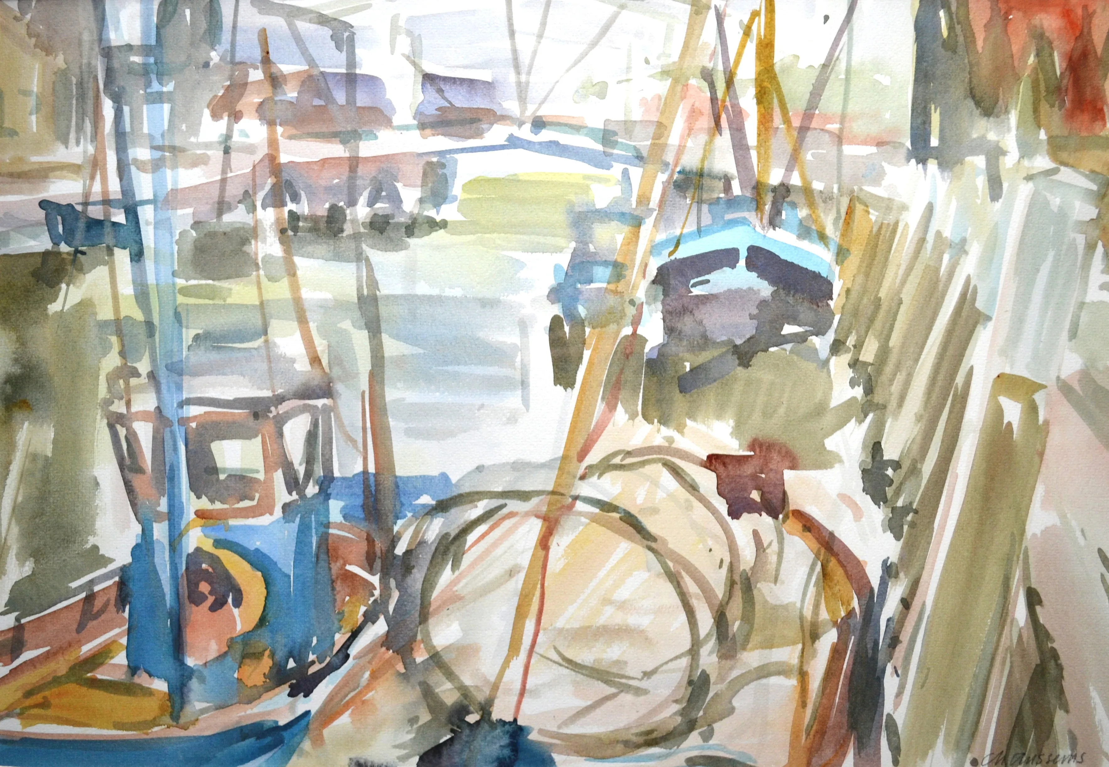 Watercolor painting of boats docked in a harbor with soft, blended colors and abstract details.