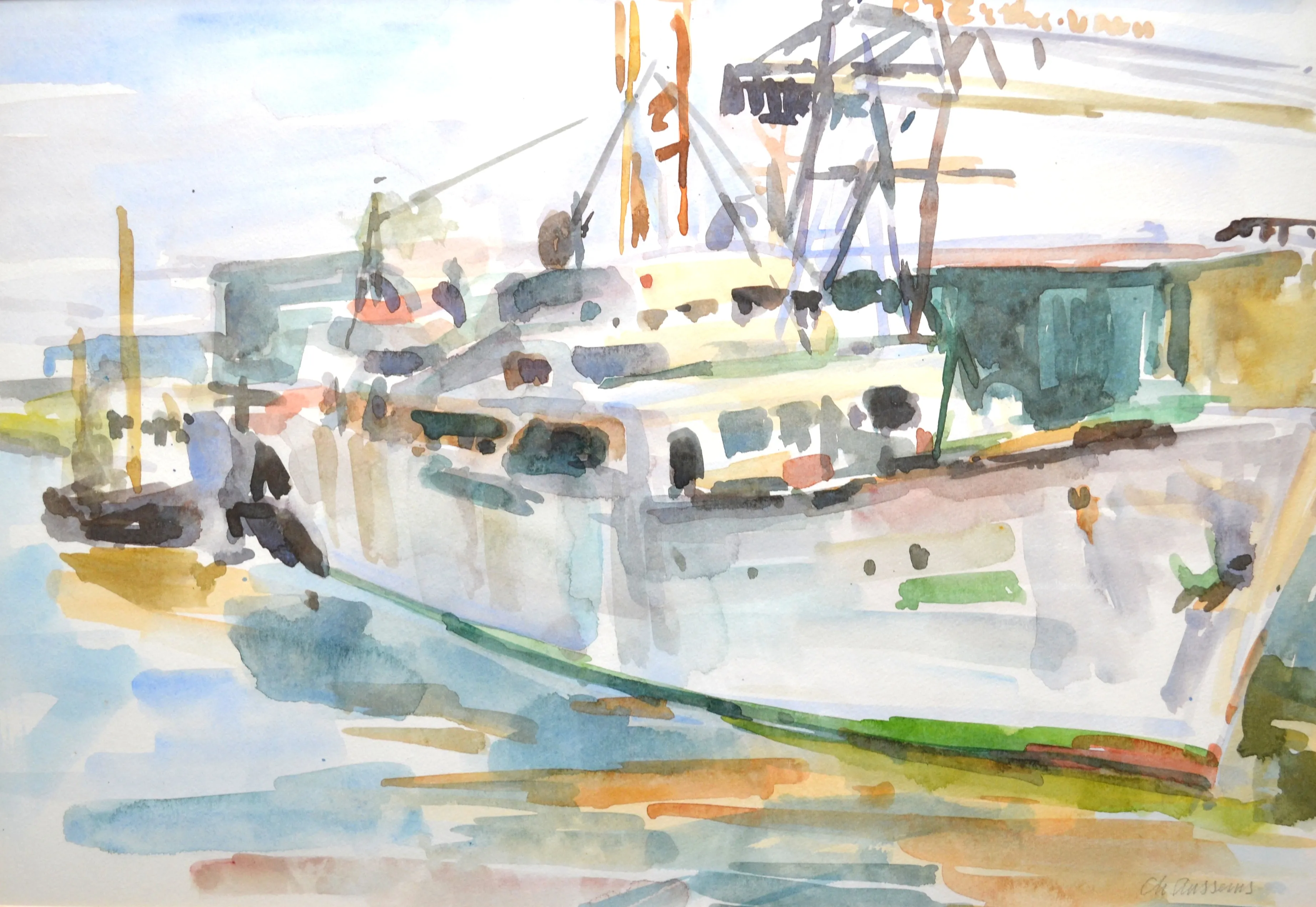 Watercolor painting of a docked fishing boat with muted colors and loose brushstrokes.