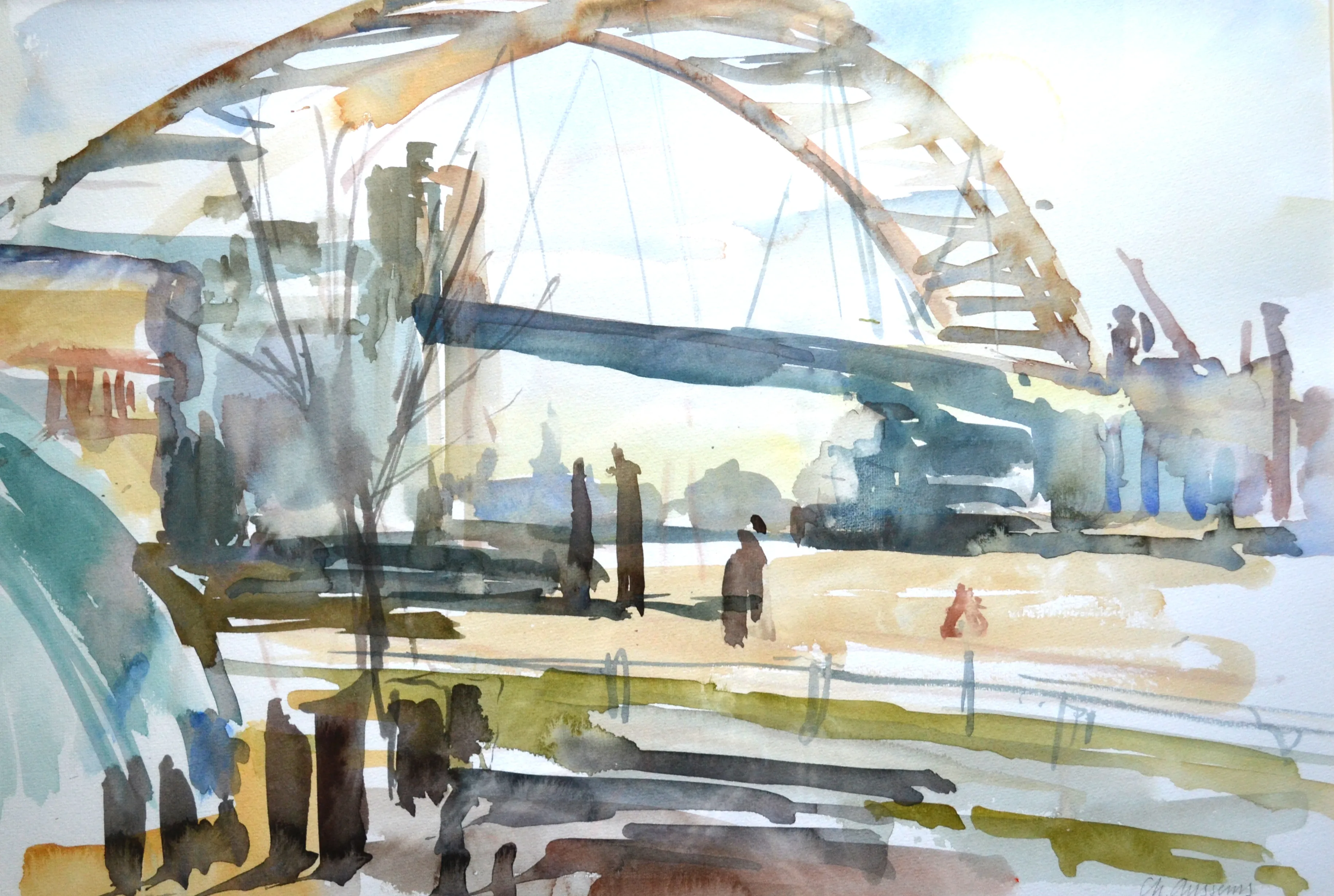 Watercolor painting of a large arched bridge over a river with abstract figures and trees in the foreground.