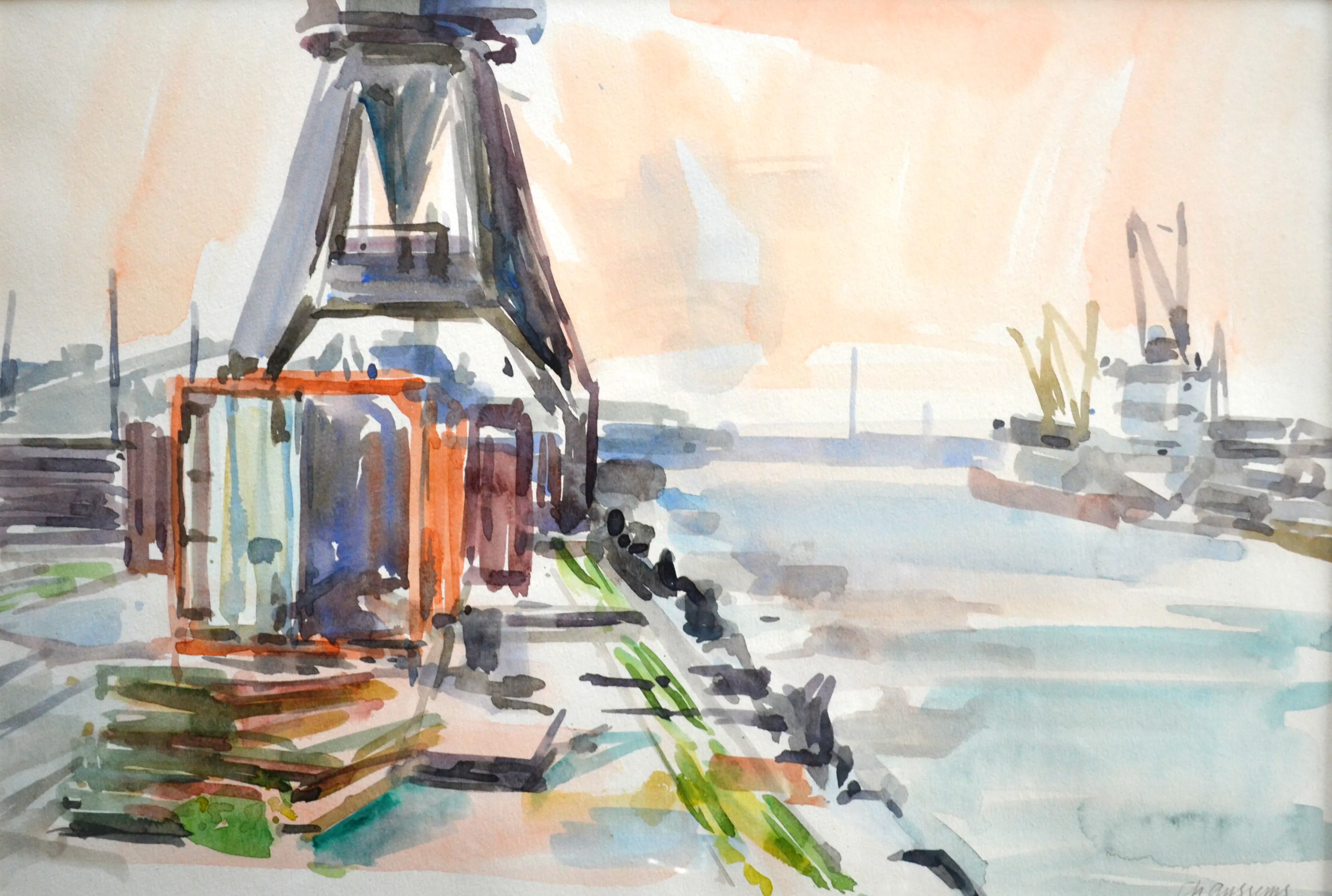 Watercolor painting of a harbor scene with a large crane next to shipping containers on the dock and ships in the background.