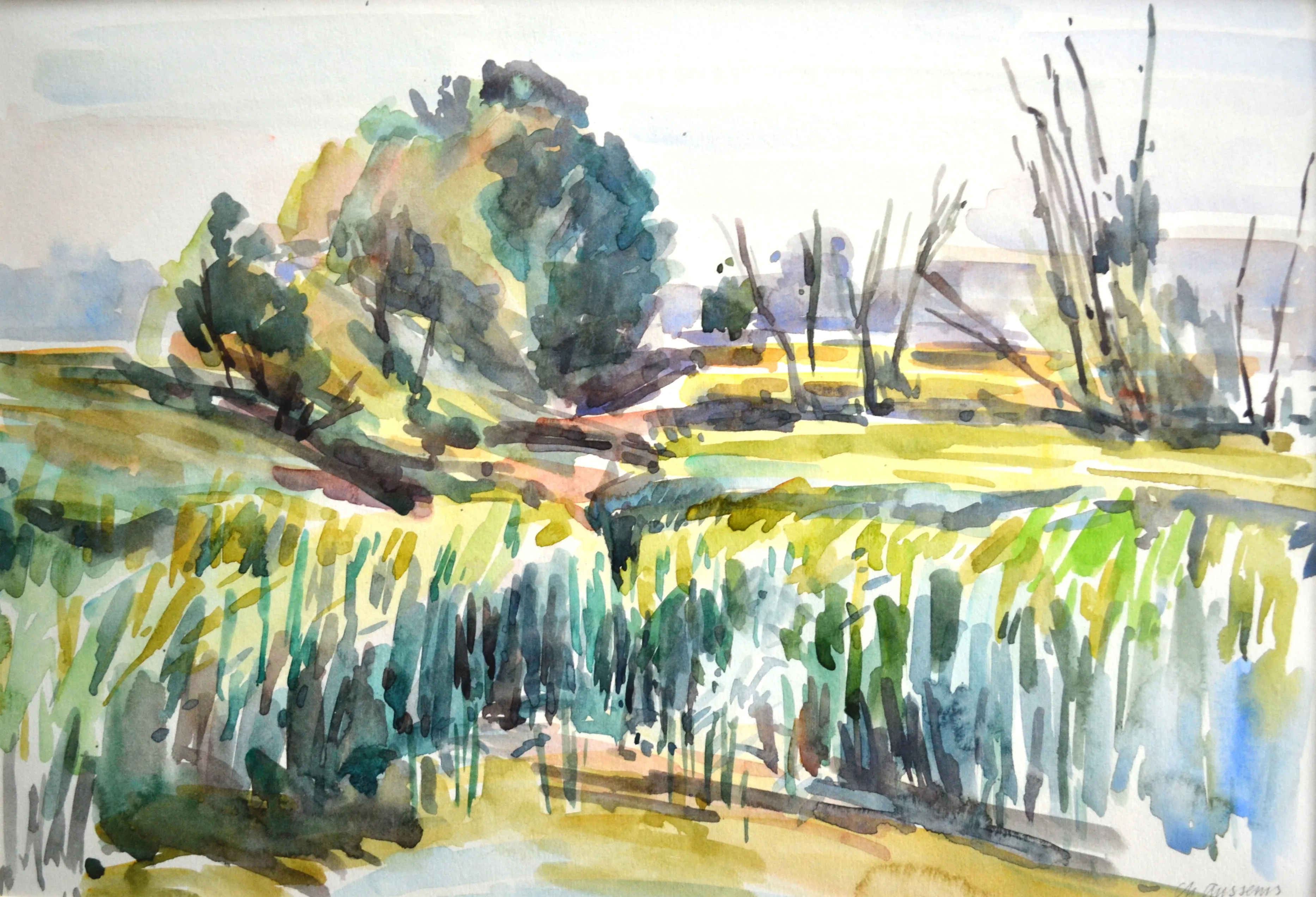 Watercolor painting of a lush green landscape with tall grasses, bushes, and a few bare trees under a light sky.