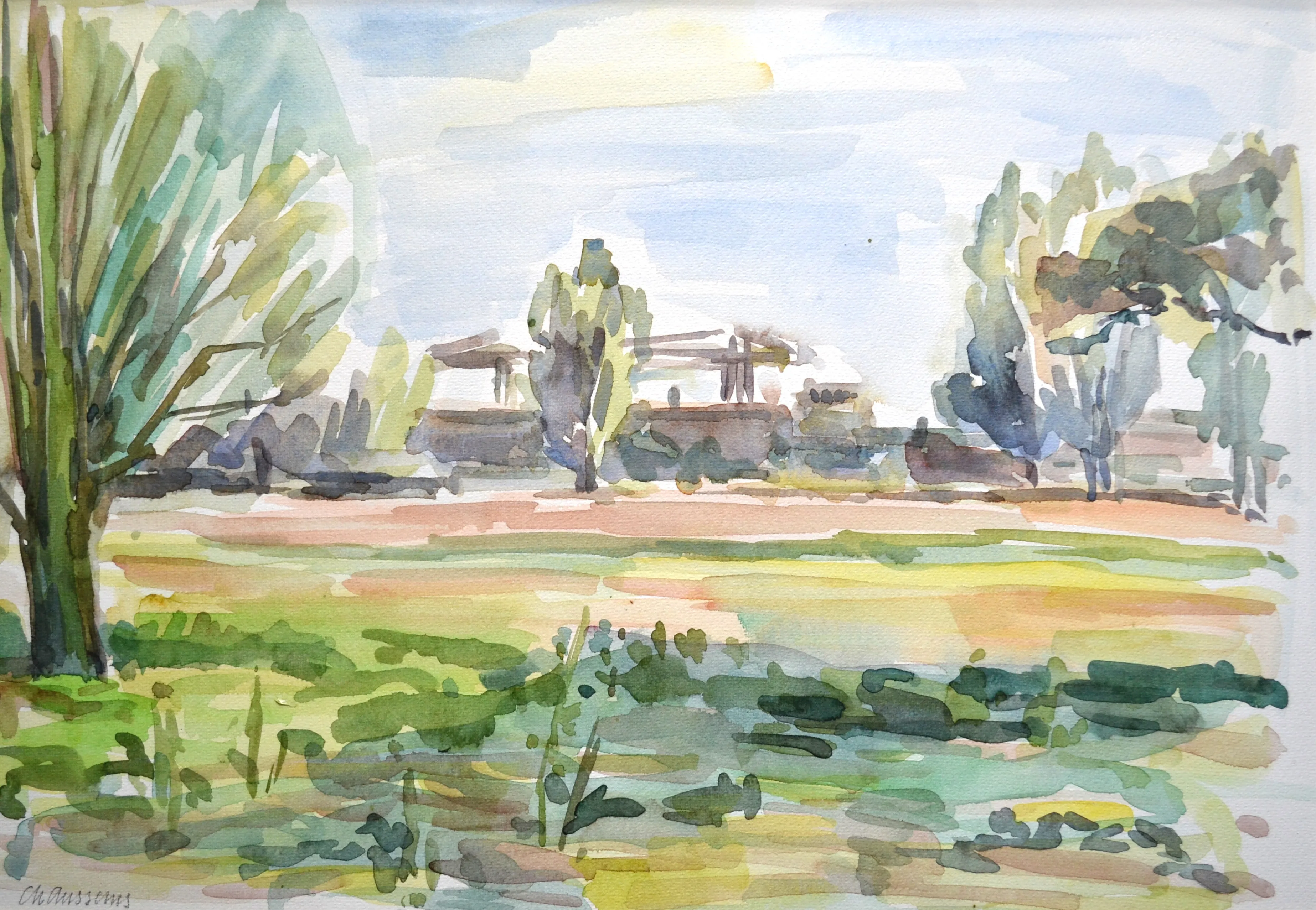 Watercolor painting of a rural landscape with trees, grassy fields, and a soft blue sky.