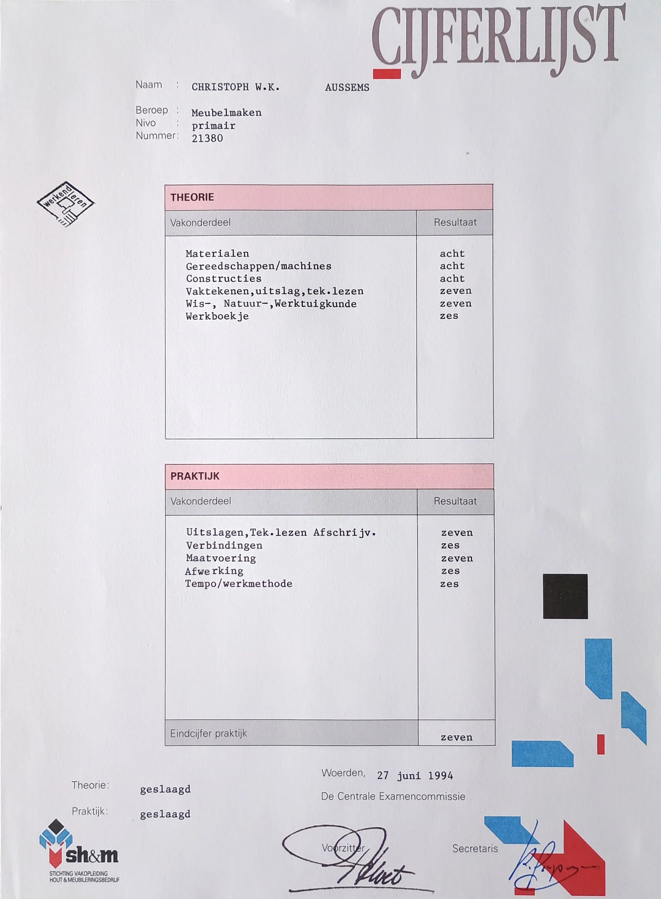 1994 score report for Christoph W.K. Aussems in furniture making apprenticeship, showing theory and practical subject grades mostly between six and eight, with final practical grade seven.