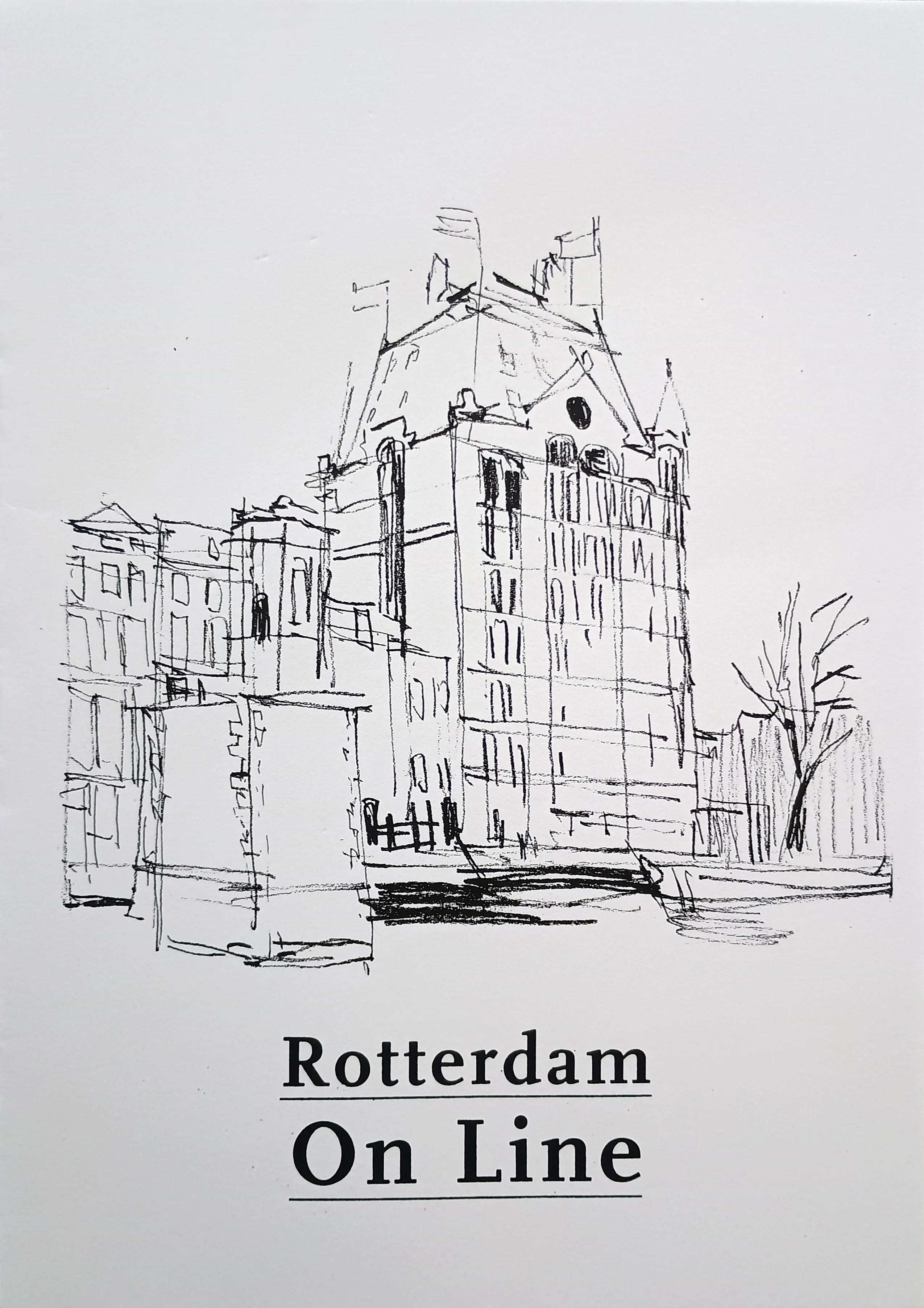 Black ink sketch of historic buildings with the text 'Rotterdam On Line' beneath.