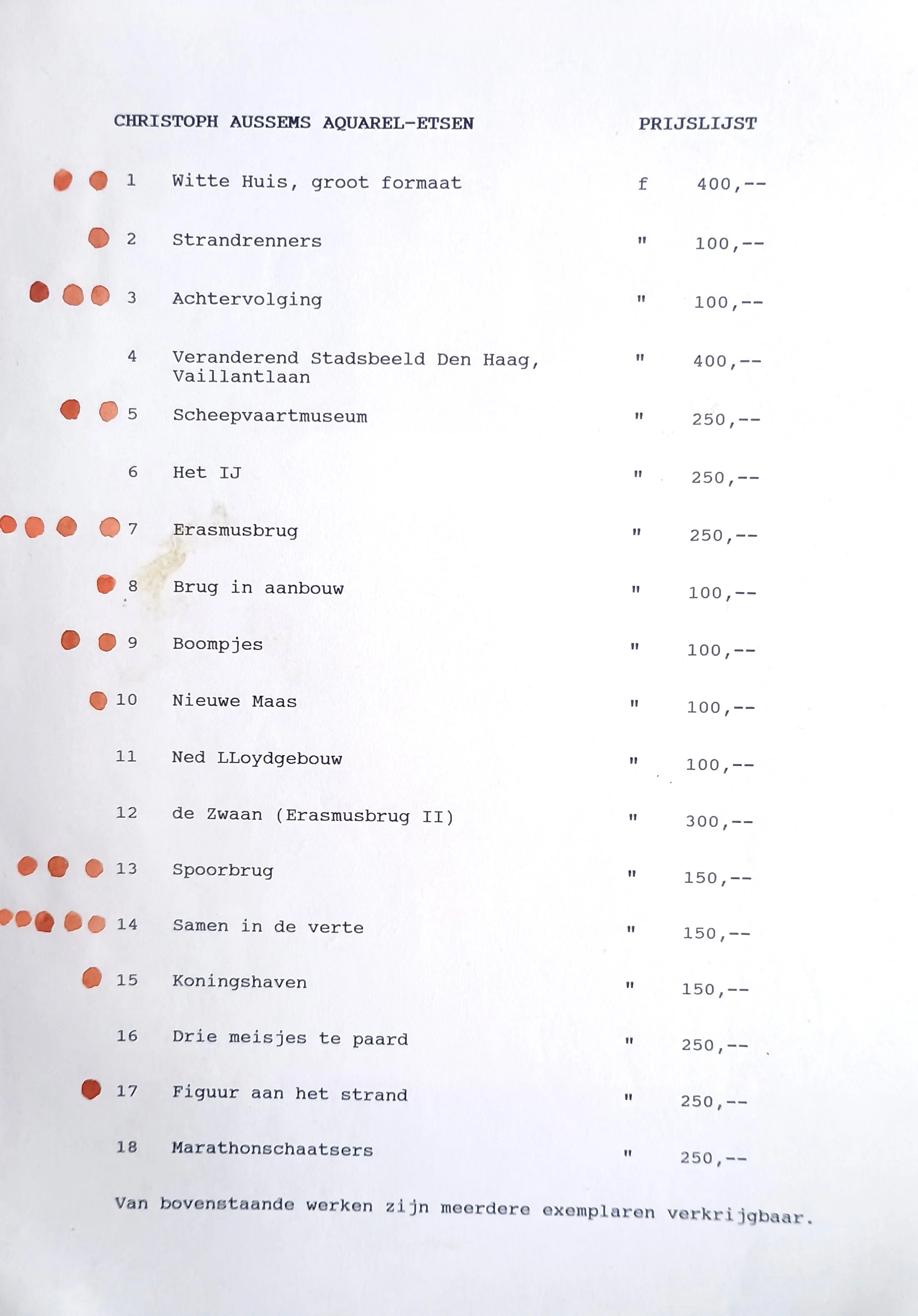 Typed price list of Christoph Aussems aquarel-etsen artworks with titles in Dutch and prices in guilders, some red-orange ink dots on the left side.