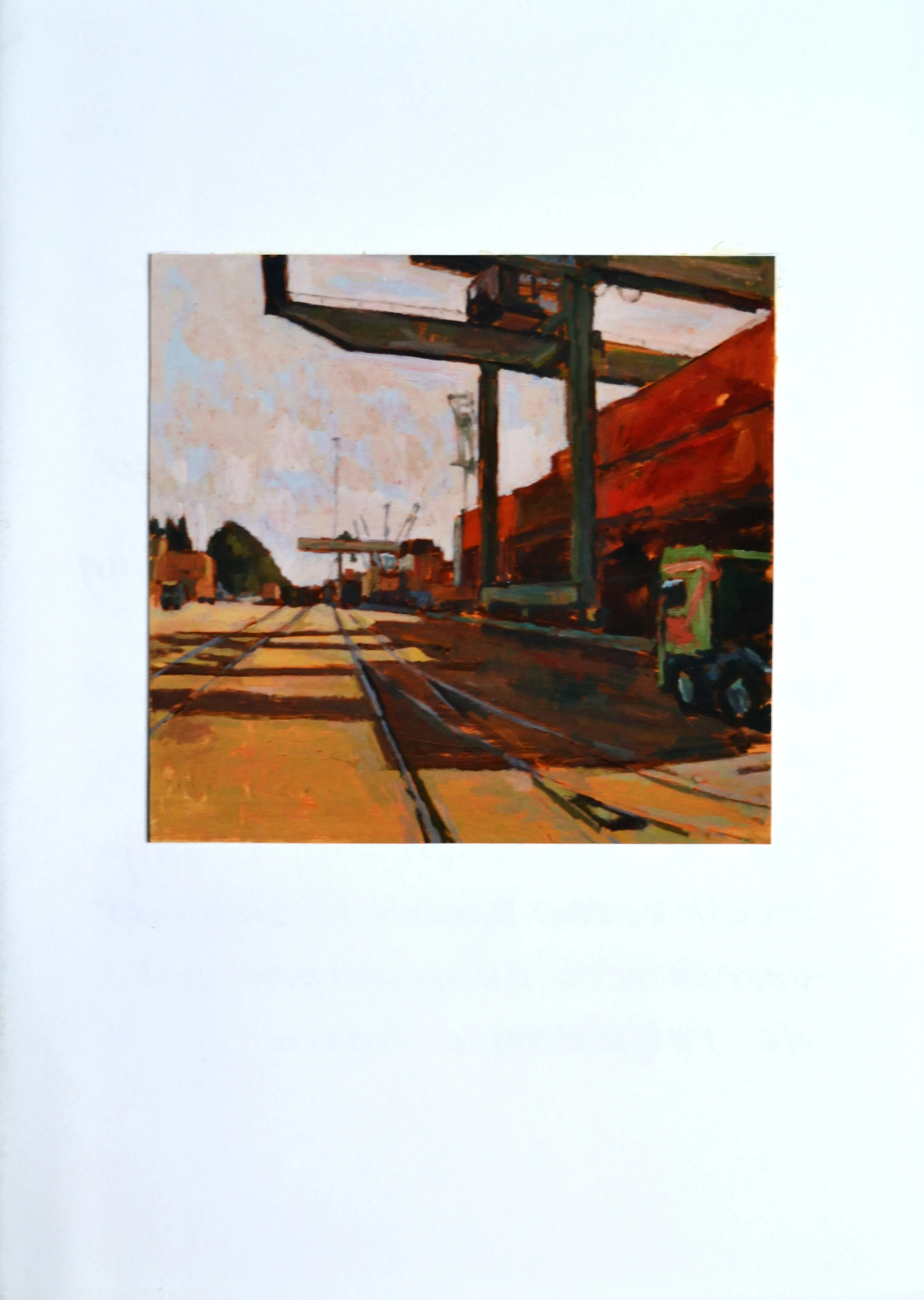 Painting of an industrial port scene with cranes, railroad tracks, and a truck under a cloudy sky.