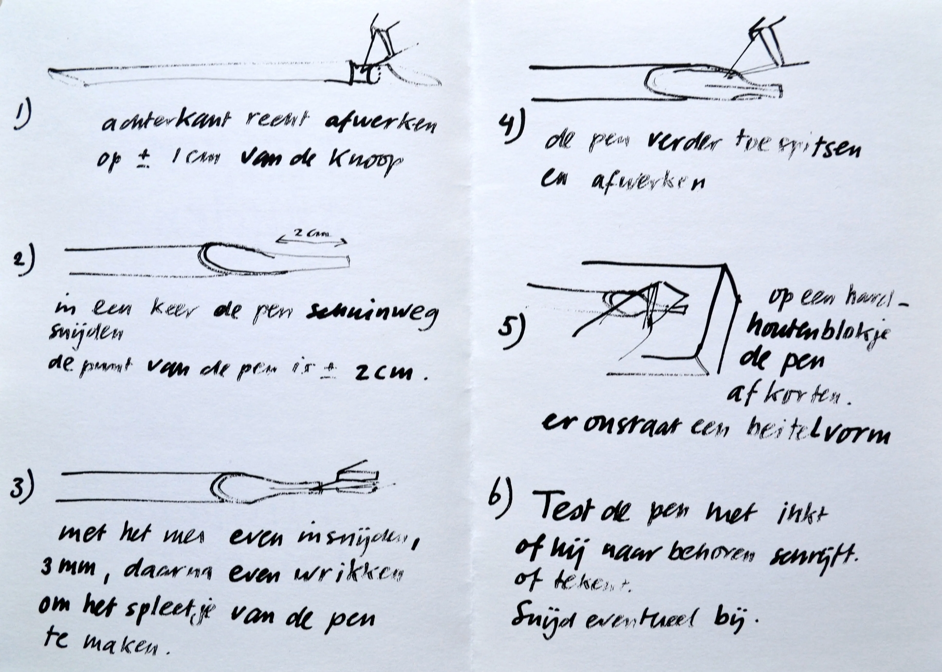 Handwritten step-by-step instructions in Dutch with pen tip sketches numbered 1 to 6, showing how to prepare and test a pen nib.