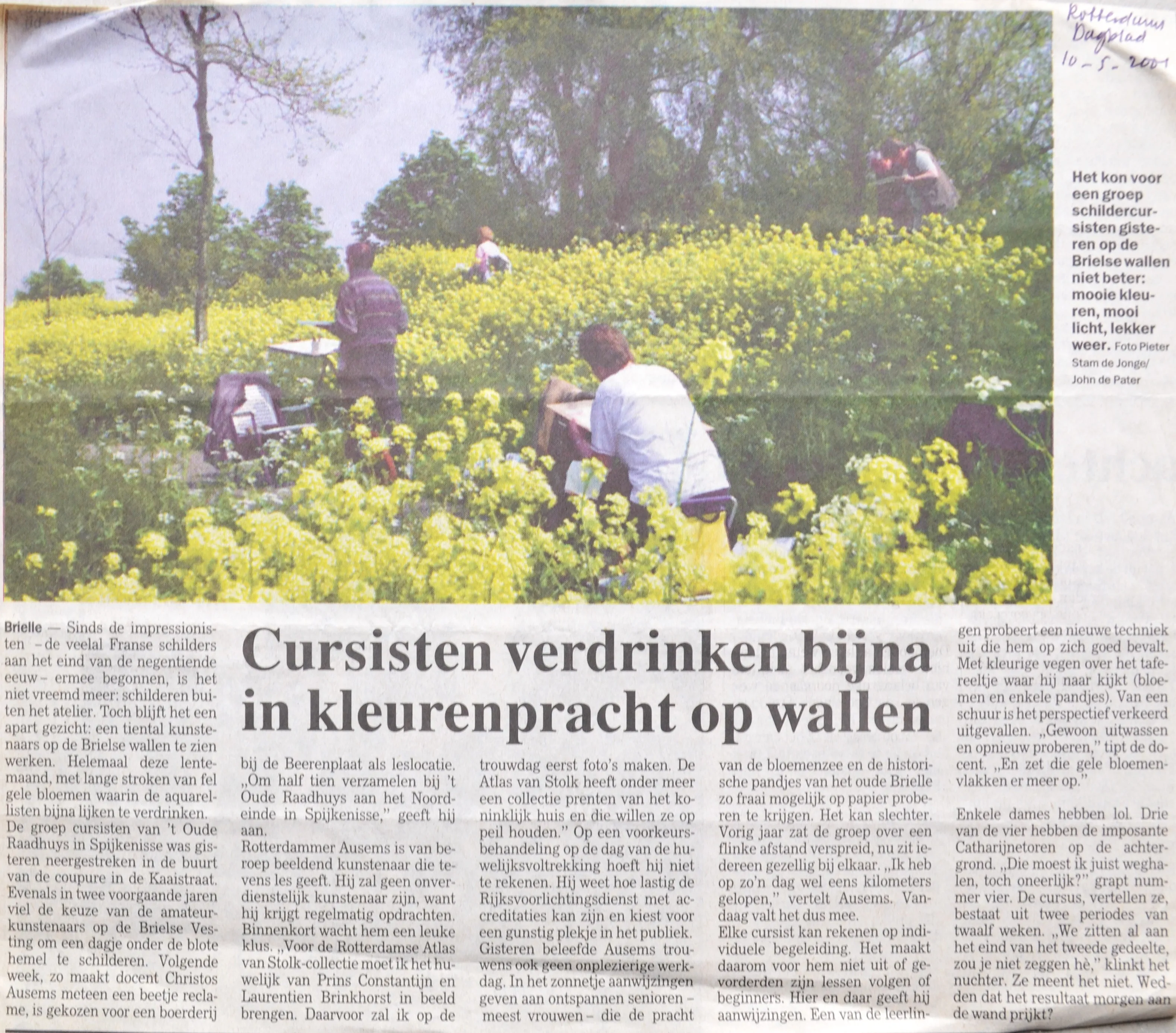 Group of painters standing and sitting among dense yellow flowering plants outdoors, sketching and painting in a sunny garden setting.