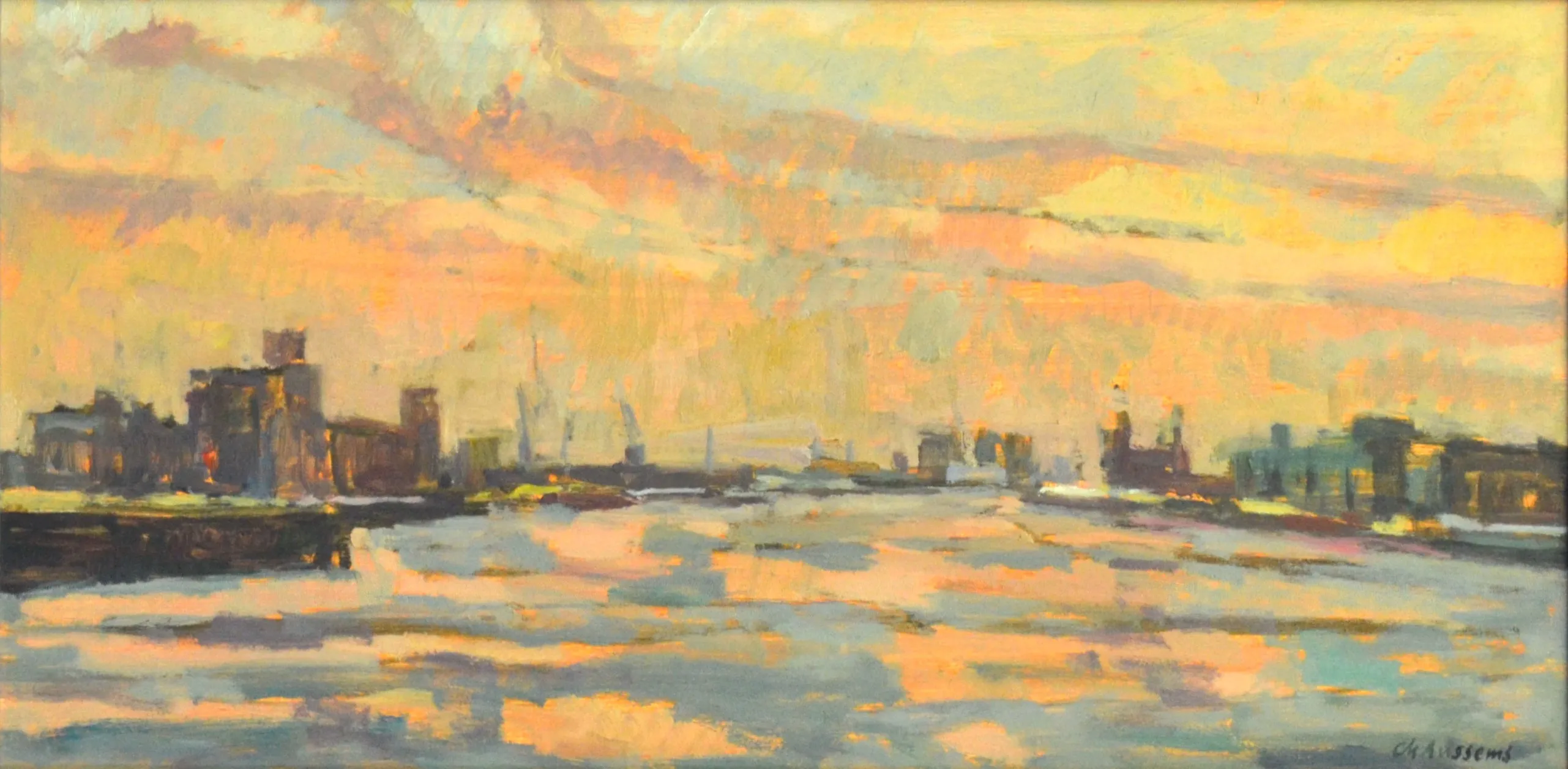 Impressionist painting of a harbor at sunset with buildings and cranes silhouetted against a colorful sky reflected in the water.