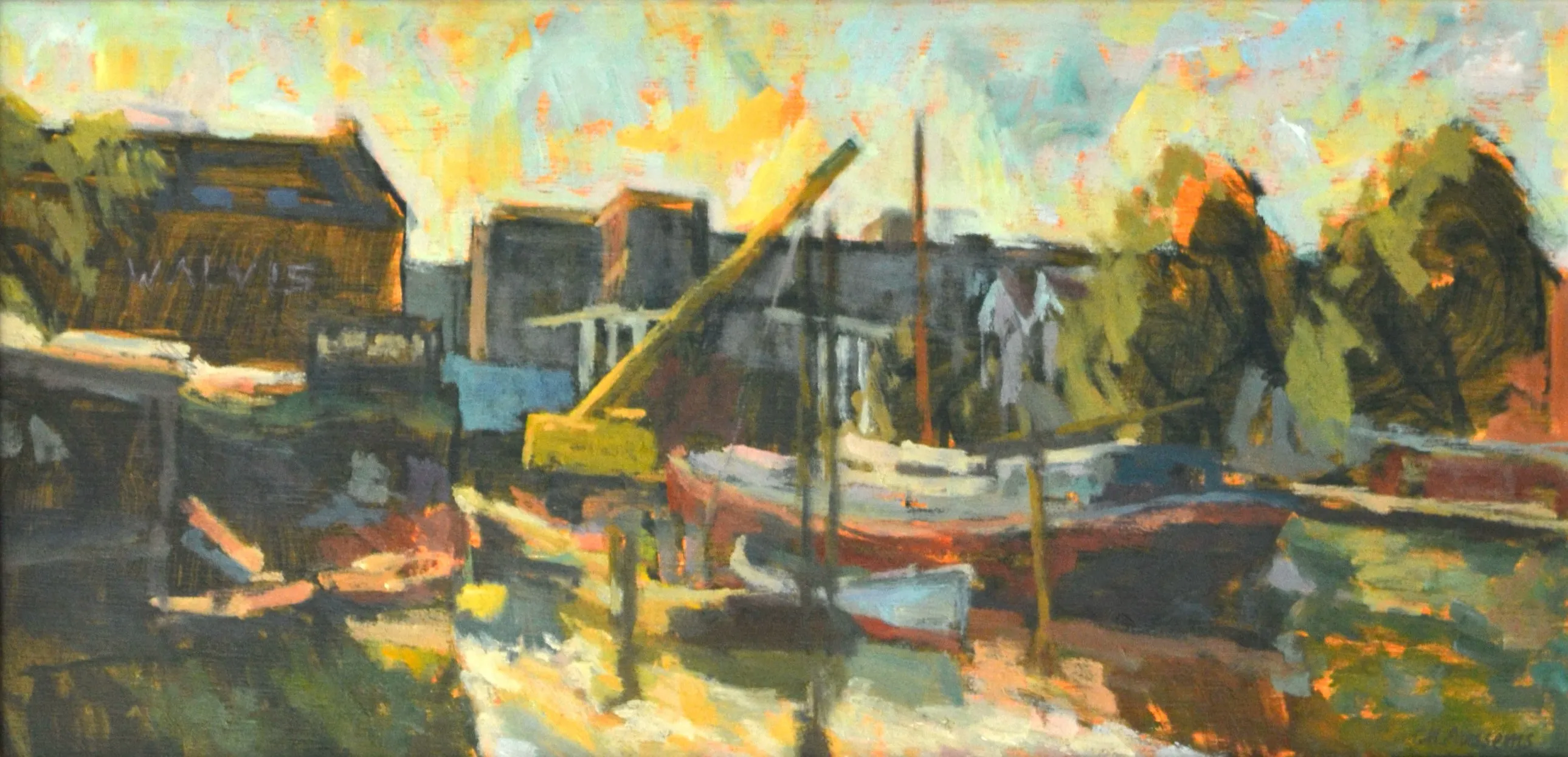 Impressionistic painting of a harbor scene with boats, a yellow crane, buildings, and trees under a bright sky.