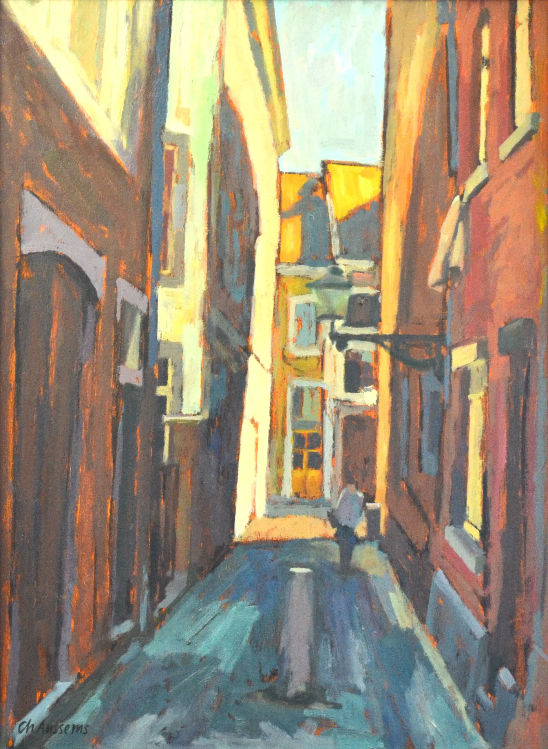 Painting of a narrow alley with tall buildings on both sides and a person walking in the background.