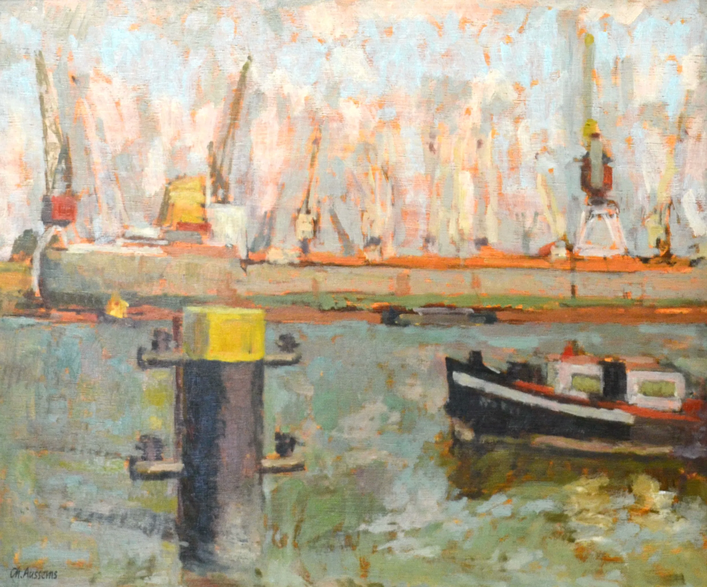 Impressionist painting of a harbor with cranes, a large docked ship, and a smaller boat floating on water.