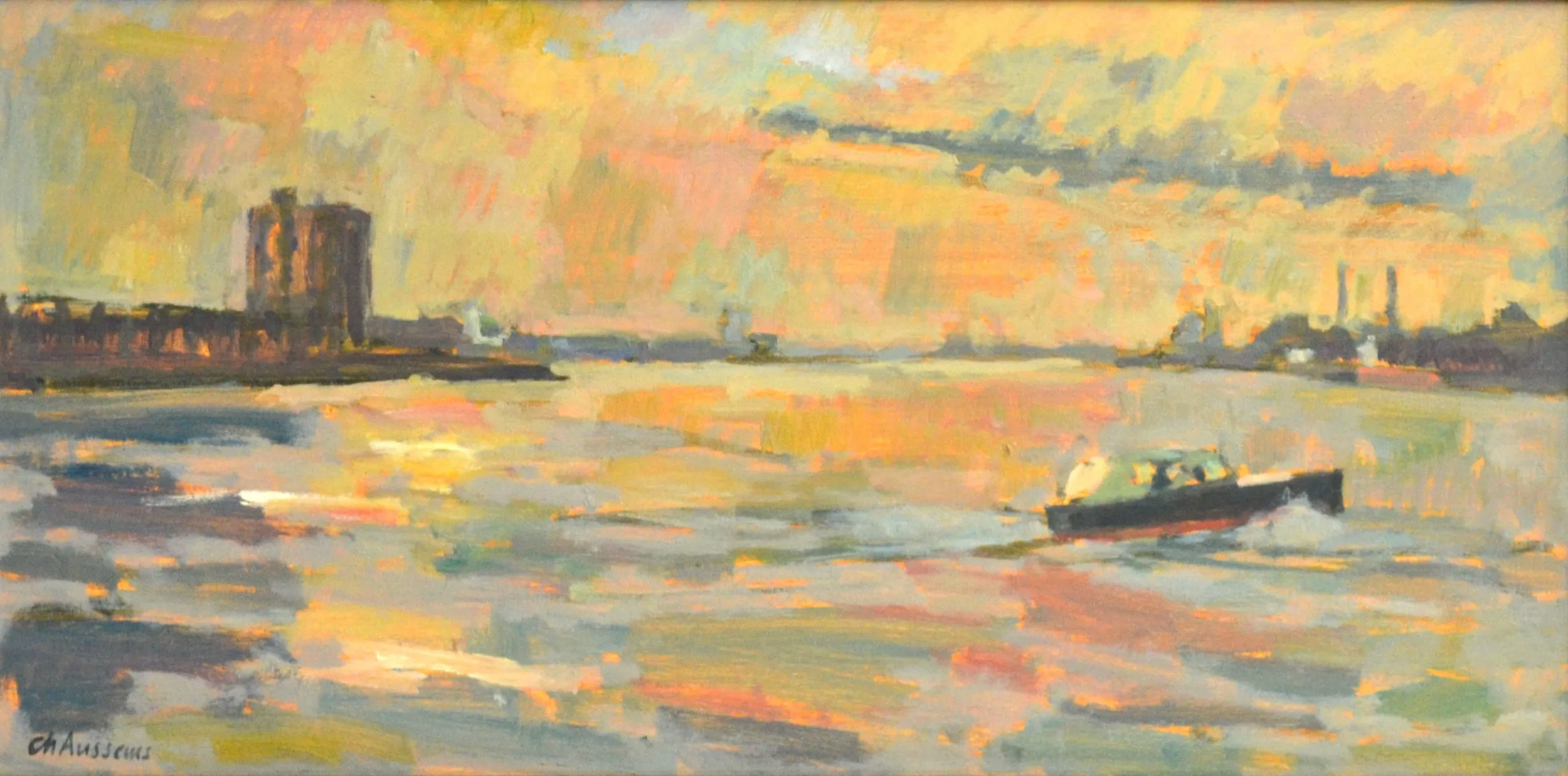 Impressionistic painting of a river scene at sunset with a boat moving across the water and industrial buildings in the background.