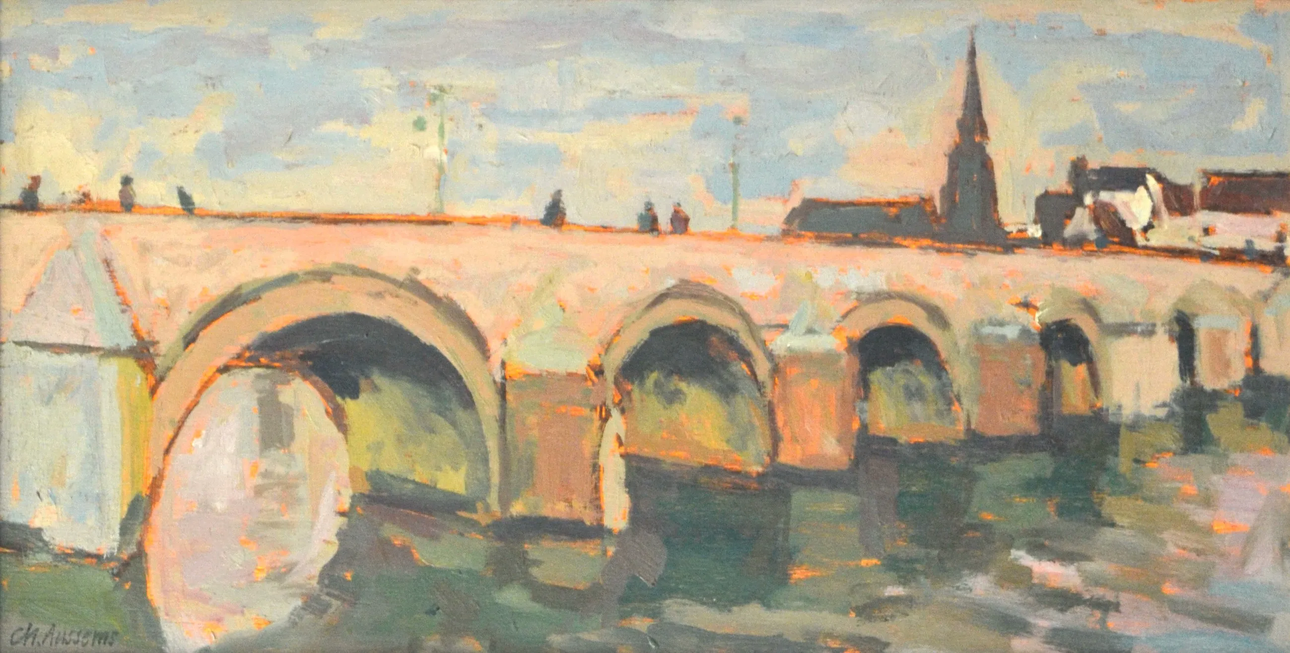 Impressionist painting of a stone arch bridge over a river with a town and church steeple in the background.