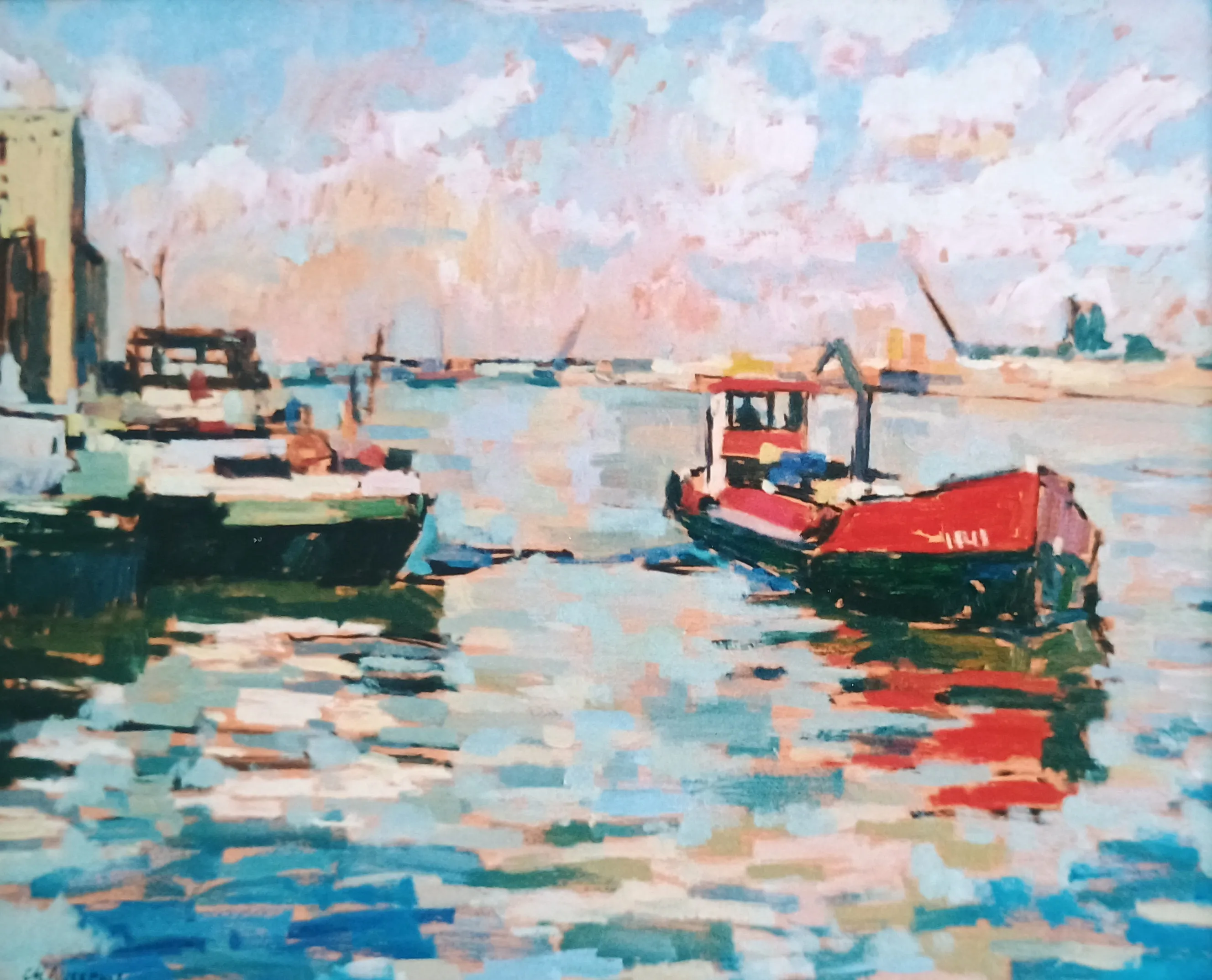 Impressionist painting of a harbor with boats, including a prominent red boat on the right, reflecting on the water under a partly cloudy sky.
