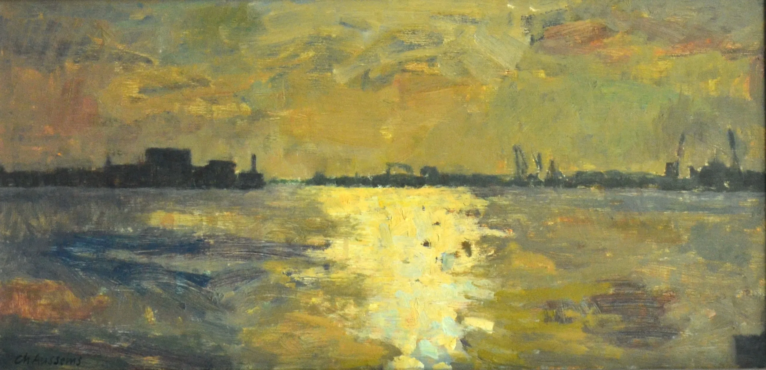 Impressionist painting of a river at sunset with dark silhouetted buildings on the horizon and golden reflections on the water.