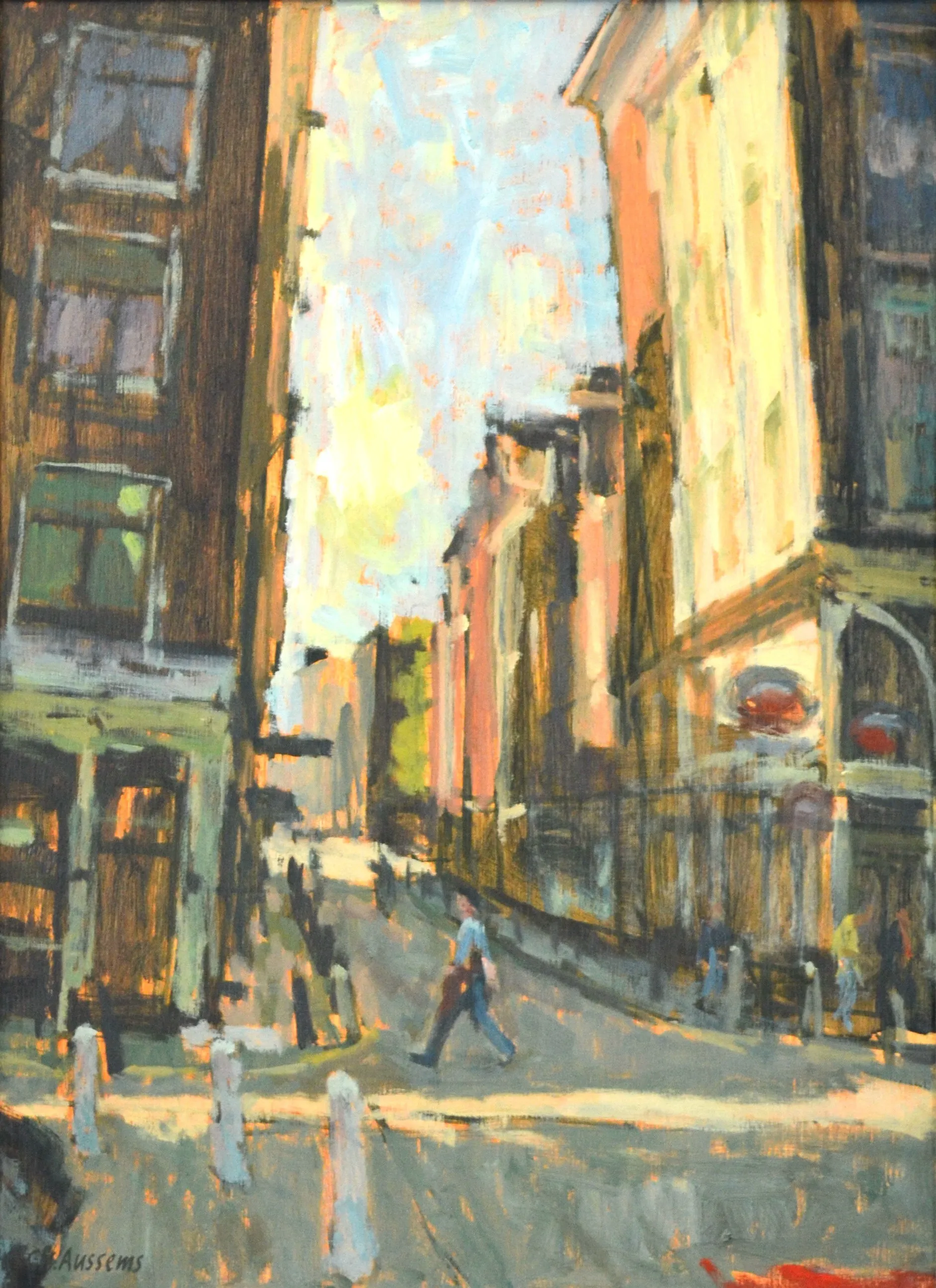 Impressionist painting of a city street with tall buildings and a person crossing the road in soft, warm light.