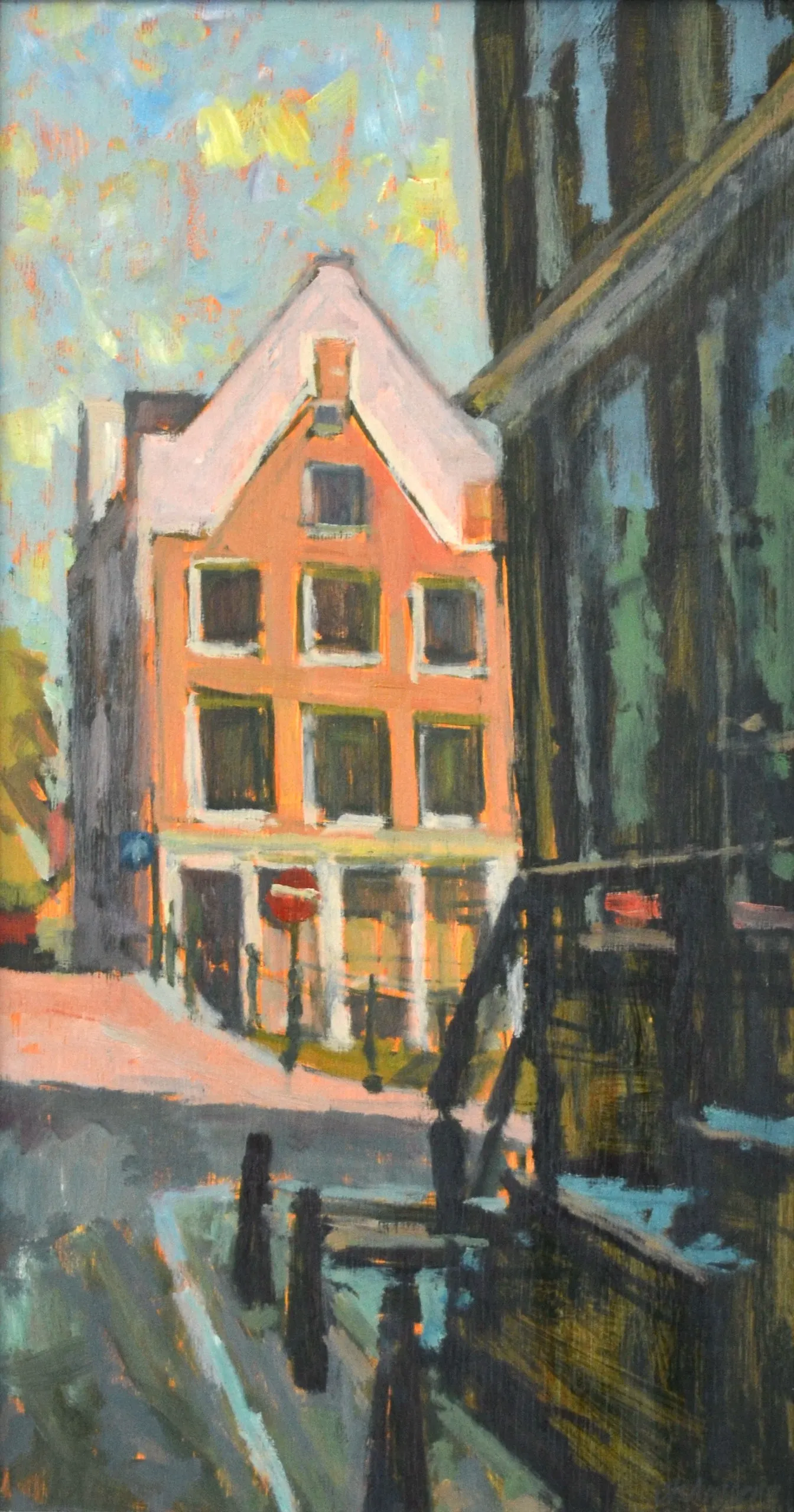 Impressionistic painting of a tall orange building with white trim along a canal in Amsterdam under a blue and yellow sky.
