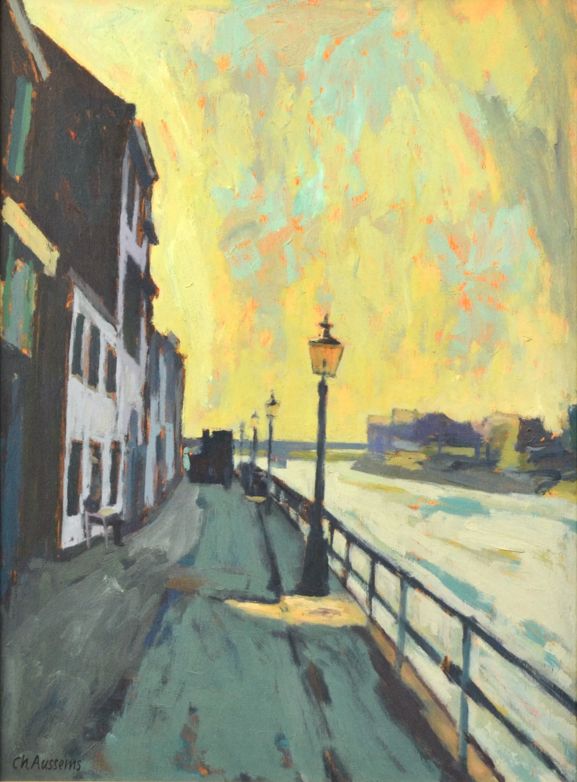Painting of a riverside walkway with street lamps casting long shadows and buildings on the left under a yellow sky.